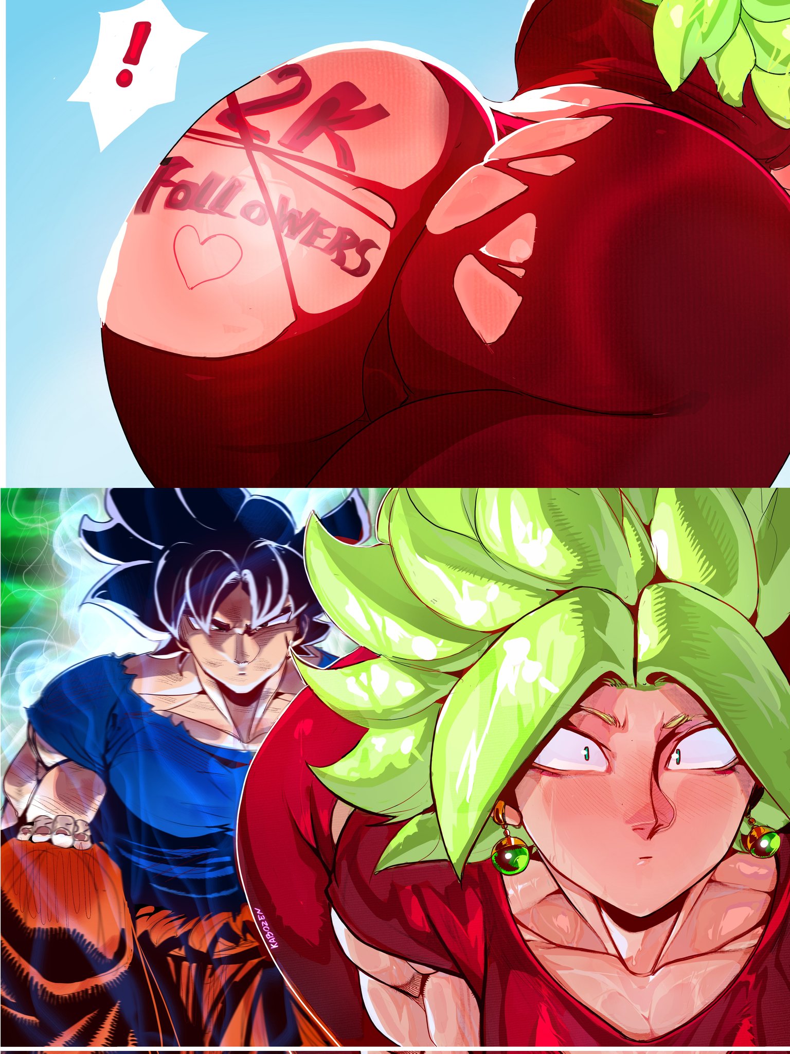 !, 1boy, 1girls, arched back, ass, ass focus, ass writing, aura, bent over, big ass, big butt, blush, blush lines, body writing, breasts, bubble ass, bubble butt, caulifla, cleavage, curvaceous, curvy, curvy female, curvy figure, dragon ball, dragon ball super, dragon ball z, earrings, fat ass, female, female focus, follower celebration, goku, green eyes, green hair, hi res, high resolution, highres, huge ass, huge butt, kabozen, kale, kefla, large ass, leaning forward, legendary super saiyan, light skin, light-skinned female, male, milestone celebration, muscular, muscular arms, muscular female, muscular male, shounen jump, son goku, super saiyan, super saiyan 2, sweat, sweating, sweaty, sweaty body, thick thighs, thighs, ultra instinct, voluptuous, voluptuous female, writing on ass, writing on body, writing on butt