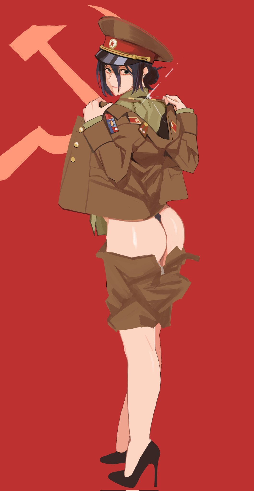 1girls, black hair, chainsaw man, color, disrobing, heels, high heels, military, pale skin, pale-skinned female, peaked cap, reze (chainsaw man), russian female, short hair, skinny female, slim legs, slim waist, soldier, solo female, soviet, soviet female, soviet uniform, soviet union, tagme, thong, tomboy, undressing, uniform, ussr, waniiii6974