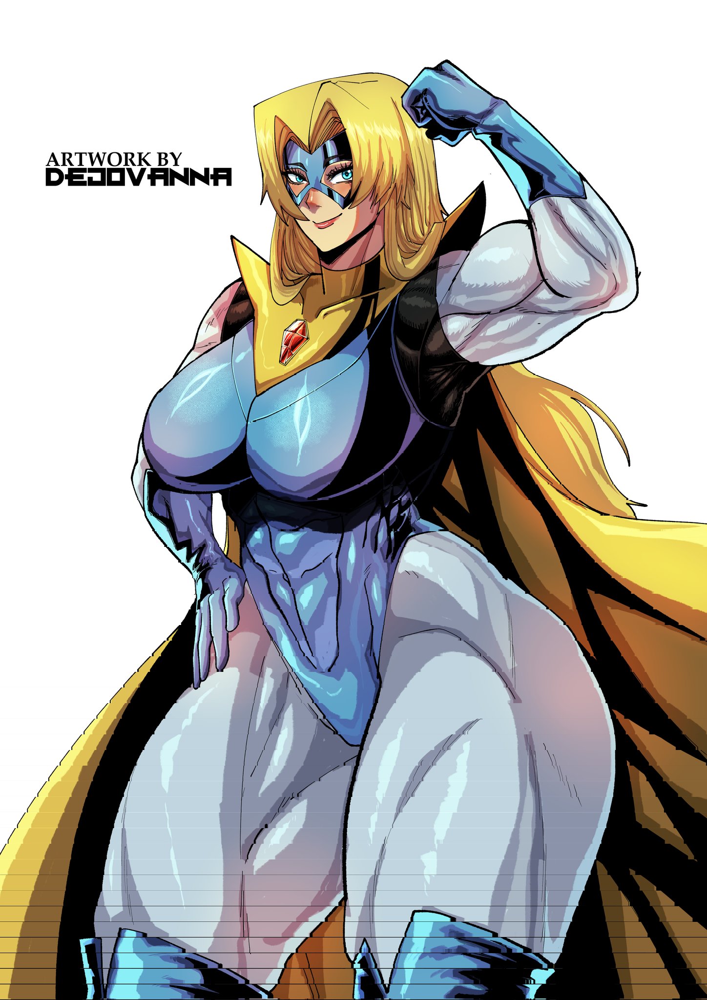 abs, absurd res, artist name, big breasts, blonde blazer, blonde female, blonde hair, blue eyes, breasts bigger than head, curvy, curvy body, curvy female, dejovanna, dispatch (game), female, fully clothed, huge ass, mandy (dispatch), muscular, muscular arms, muscular female, red lipstick, solo, solo female, superheroine, tagme, thick thighs, video games, watermark, white skin