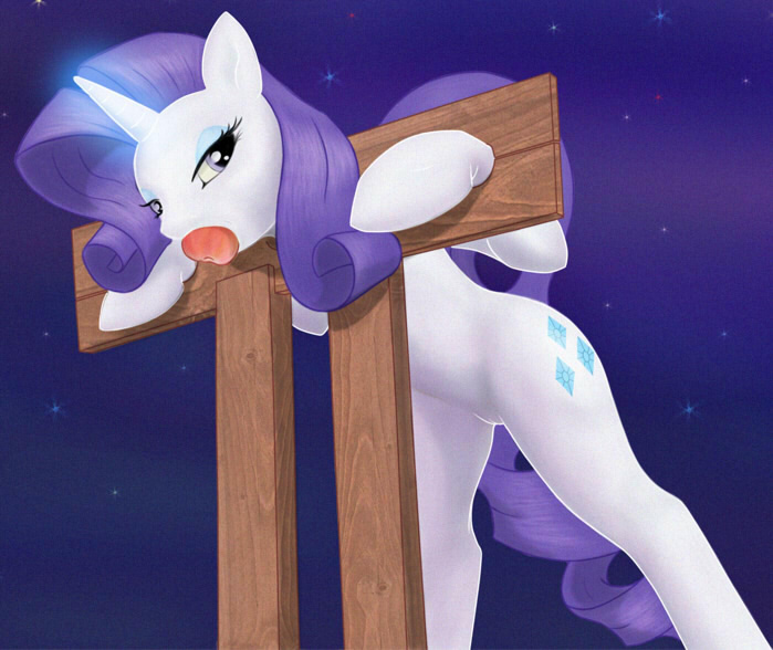 apple apple_gag apple_in_mouth blue_eyes bondage bound cutie_mark equine eyeshadow female food friendship_is_magic fruit glowing hair half-closed_eyes hooves horn long_hair looking_at_viewer makeup mammal my_little_pony purple_hair pussy rarity_(mlp) restrained solo stocks straight_hair unicorn z-lion