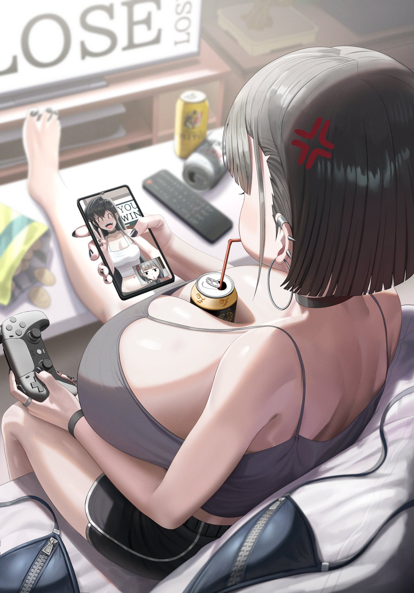 2girls, between breasts, big breasts, black hair, black nail polish, black nails, booruguru, breasts, camisole, controller, convenient breasts, dualsense, ear piercing, ear ring, earrings, fat breasts, feet, feet up, female, female only, flat belly, goth (booruguru), huge breasts, large breasts, mole, mole under eye, navel, phone, photo (object), ps5 controller, ring, ring piercing, shorts, sleaze (booruguru), soda, soda can, tank top, thick thighs, thighs, top heavy