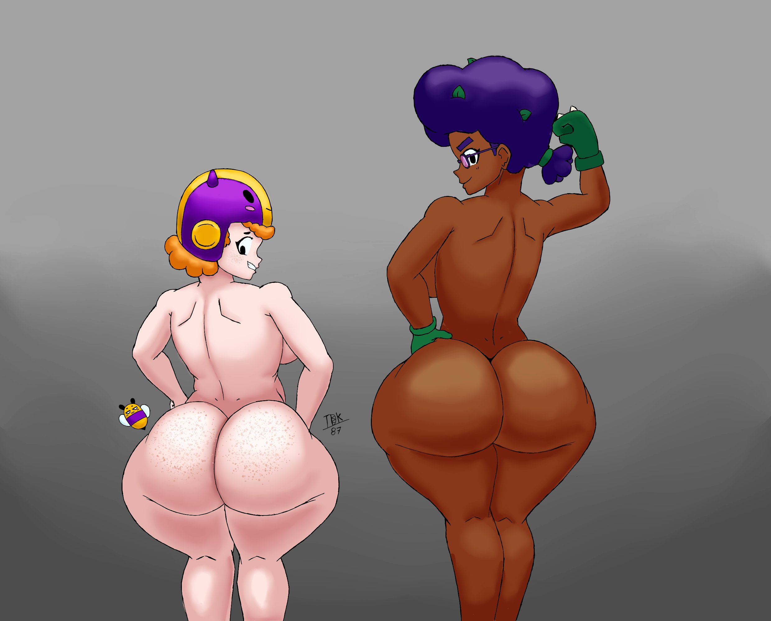 2d, 2girls, ass, ass to viewer, back view, bea (brawl stars), bee, black eyes, boxing gloves, brawl stars, dark skin, dark-skinned female, freckles on ass, freckles on face, glasses, helmet, huge butt, looking at ass, lord blackshade 87, naked, naked female, orange hair, png, purple hair, rosa (brawl stars), showing off ass, simple background, smile, supercell, tagme, tagme (artist), thick, thick ass