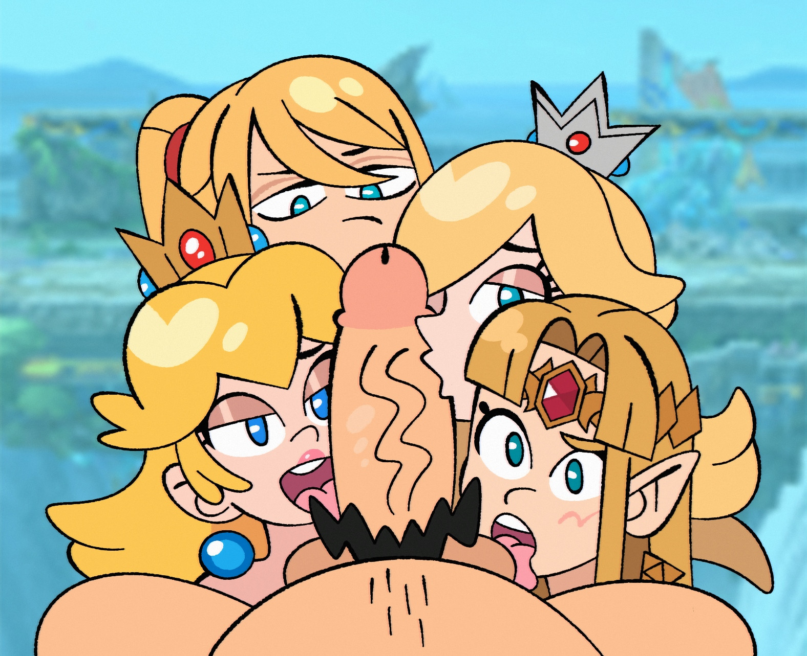 1boy, 4girls, 4girls1boy, balls, blonde female, blonde hair, collaborative fellatio, crossover, crown, erect penis, erection, female, gadzooks, group sex, kissing, kissing penis, licking balls, light skin, light-skinned female, male, male pov, male/female, mario (series), metroid, naked, nintendo, nude, oral, oral sex, penis, pov, princess peach, princess rosalina, princess zelda, royalty, samus aran, super mario bros., super mario galaxy, super smash bros., super smash bros. ultimate, testicles, the legend of zelda, wario, zelda (a link between worlds)