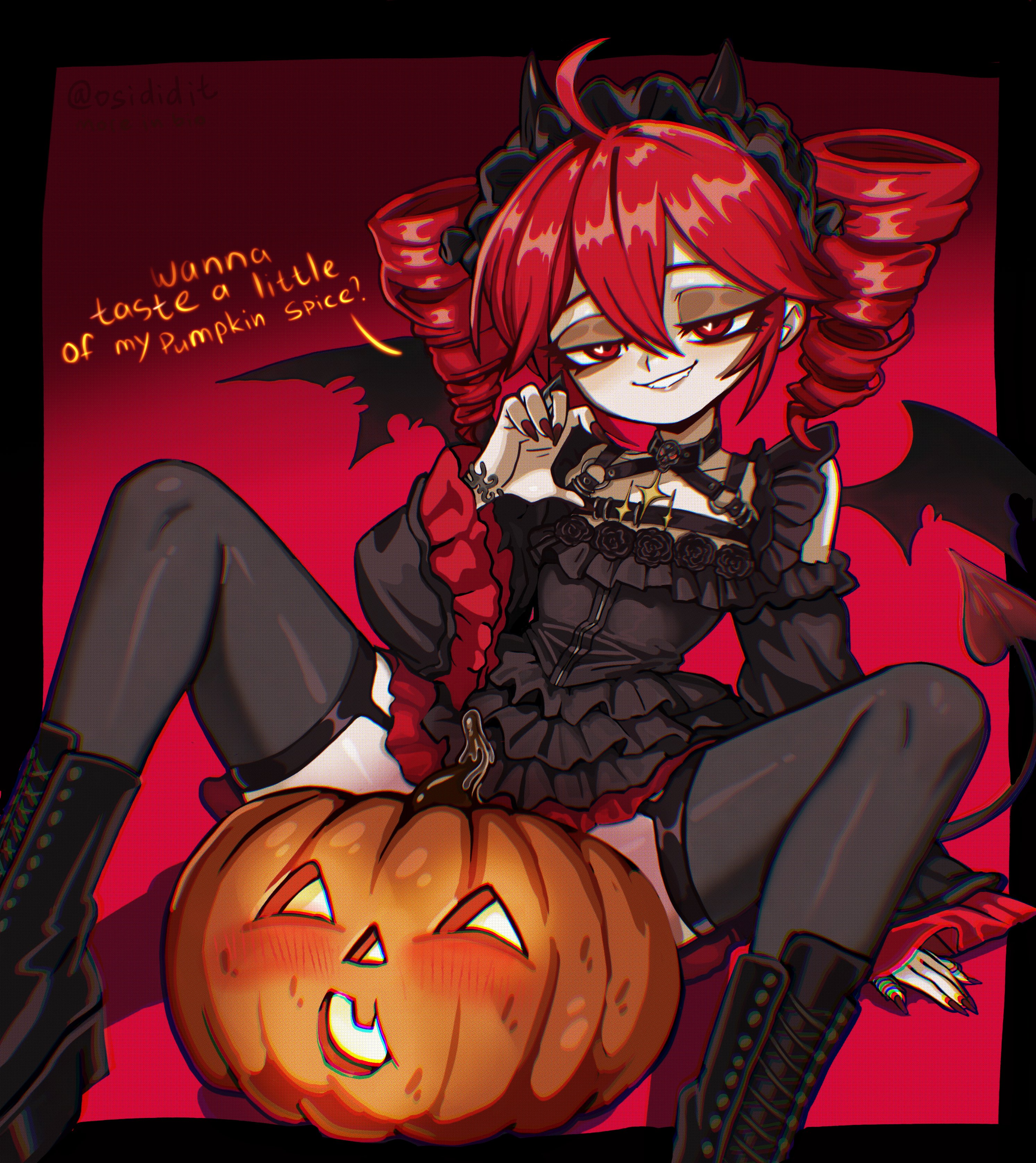 1girls, bat wings, black socks, blush, boots, female, garter straps, halloween, halloween costume, halloween pumpkin, kasane teto, open legs, osidid, pumpkin, red eyes, red hair, skirt, smile, smiling, socks, tail, thighhighs, vocaloid, wings