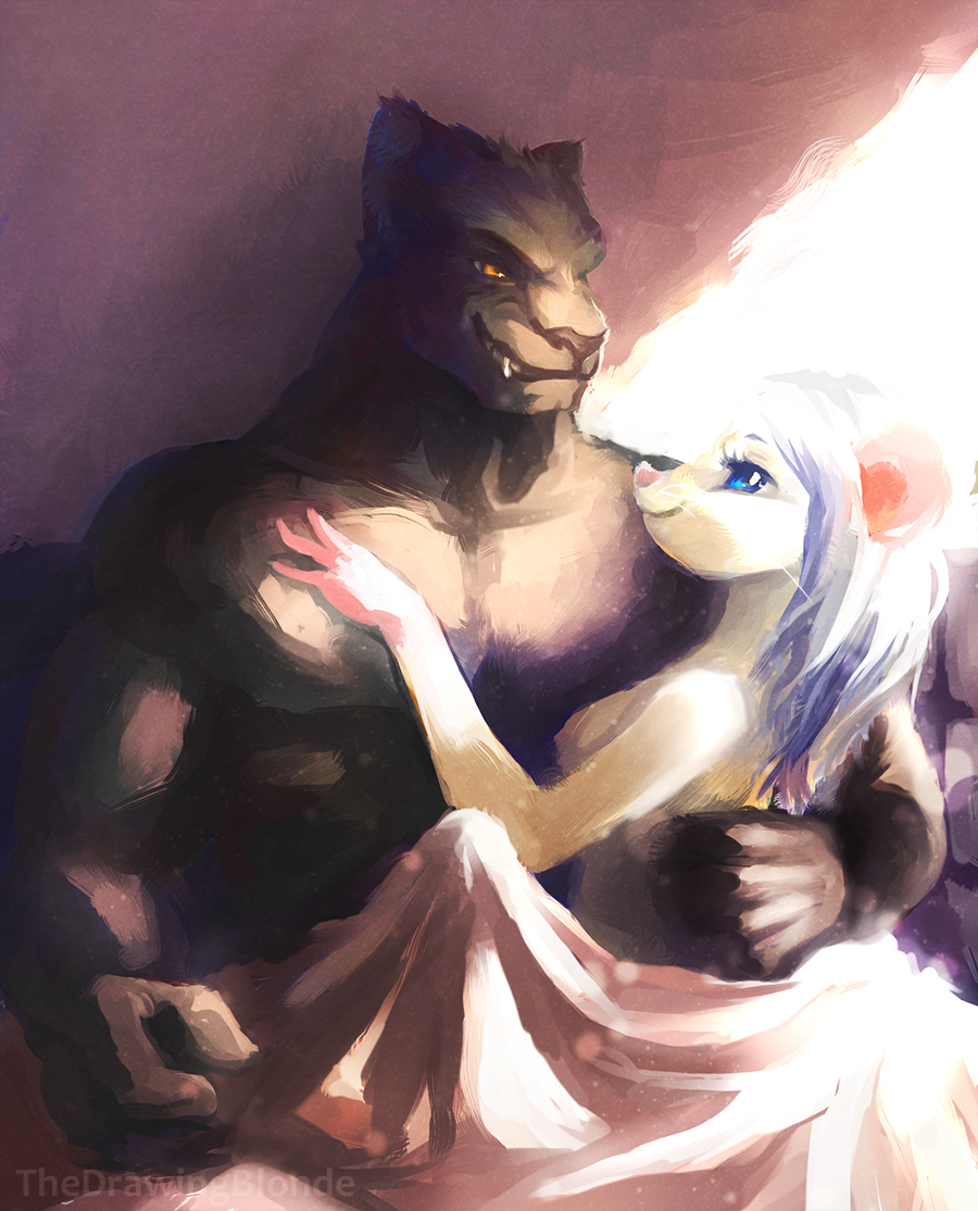 anthro bed bed_sheet blue_eyes breasts duo embrace erection eye_contact feline female hair imminent_sex long_hair looking_at_another male mammal mouse nipples nude panther rodent sitting smile straight tenting thedrawingblonde yellow_eyes