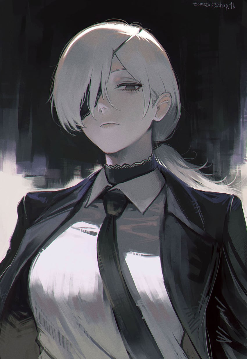 1girls, artist name, black jacket, business suit, chainsaw man, collared shirt, eyepatch, highres, jacket, long hair, looking at viewer, necktie, one eye covered, one eye obstructed, ponytail, quanxi (chainsaw man), shirt tucked in, solo, solo female, suit, tomatoketchup96, white hair, white shirt