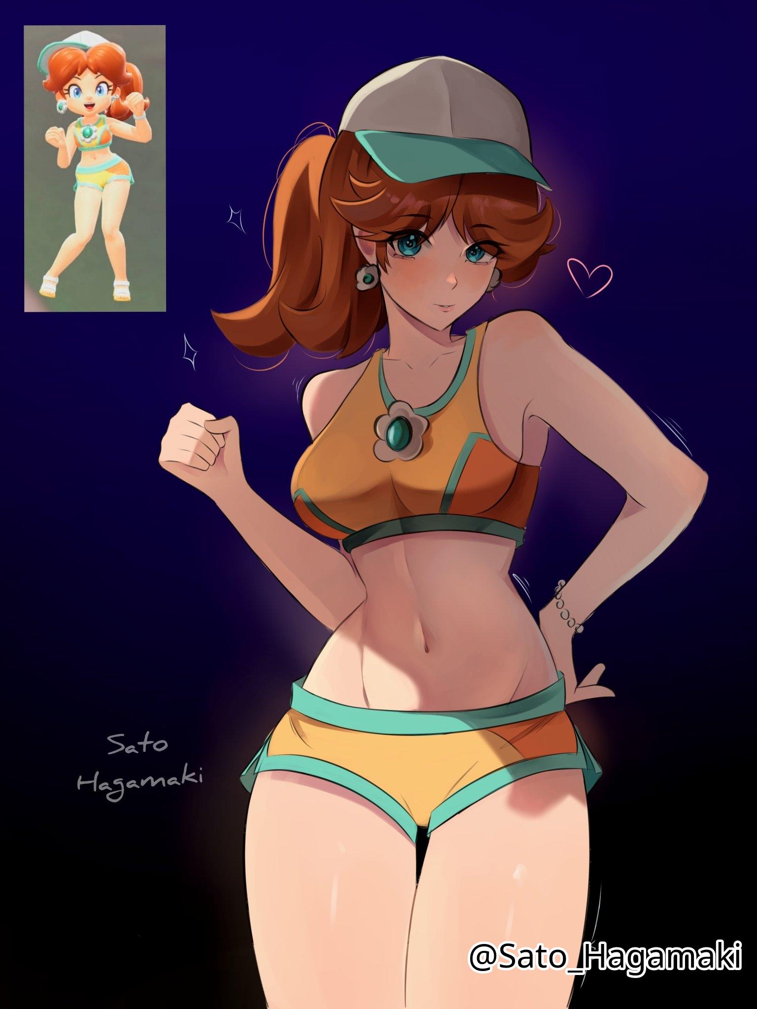 1girls, 2d, 2d (artwork), 2d artwork, adult, adult female, armpits, bare armpits, bare arms, bare belly, bare hands, bare legs, bare midriff, bare navel, bare shoulders, bare skin, bare thighs, belly, belly button, blue background, blue eyes, blue-eyed female, bra, breasts, brown hair, brown-haired female, cap, collarbone, curvaceous, curvaceous body, curvaceous female, curvaceous figure, curvaceous hips, curvy, curvy body, curvy female, curvy figure, curvy hips, dark background, digital, digital art, digital drawing, digital drawing (artwork), digital media, digital media (artwork), earrings, elbows, exposed armpits, exposed arms, exposed belly, exposed legs, exposed midriff, exposed navel, exposed shoulders, exposed skin, exposed thighs, eyebrows visible through hair, female, female focus, female only, fingers, groin, head tilt, high resolution, highres, hourglass figure, inguinal crease, inguinal ligament, lean figure, linea alba, long hair, looking at viewer, mario (series), mario kart world, mature, mature female, medium breasts, midriff, narrow waist, navel, nintendo, ponytail, posing, posing for the viewer, princess daisy, princess daisy (swimwear), sato hagamaki, shorts, shoulders, simple background, slender body, slender waist, slim waist, solo, sports bra, standing, stomach, thick thighs, thigh gap, thighs, tilted head, upper body, wide hips