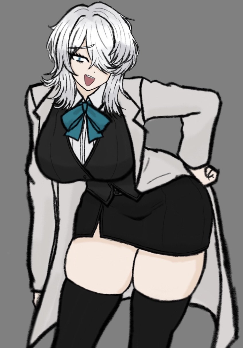 alternate costume, big breasts, breasts, clothed, clothes, clothing, coat, curvaceous, curvaceous body, curvaceous female, curvaceous figure, curvaceous hips, curvy, curvy body, curvy female, curvy figure, curvy hips, faust (limbus company), female, female focus, female only, hips, labcoat, limbus company, project moon, short skirt, skirt, stockings, thick hips, thick thighs, thigh highs, thighhighs, thighs, tie, trenchthemedic, vest, white hair, wide hips