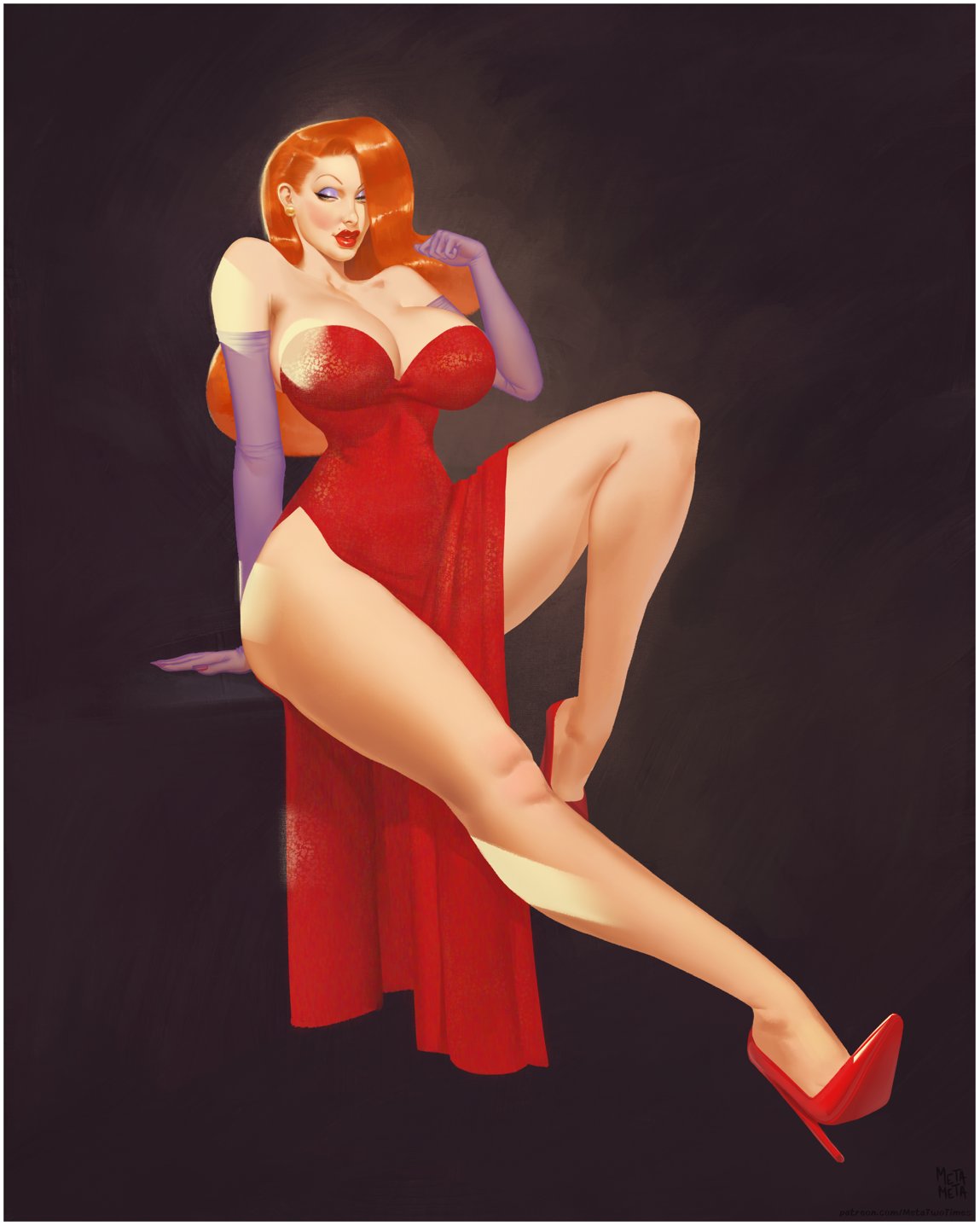 1girls, alternate version available, armwear, bare legs, big breasts, big lips, bimbo, breasts, cleavage, clothing, dress, ear piercing, earrings, elbow, eyeshadow, female, female only, footwear, gloves, hair, half-closed eyes, heels, high heels, jessica rabbit, legs, lips, lipstick, long hair, mature, mature female, mature woman, metameta/metatwotimes, nails, orange hair, purple eyeshadow, purple gloves, red dress, red lips, red lipstick, solo, solo female, thick lips, thighs, who framed roger rabbit