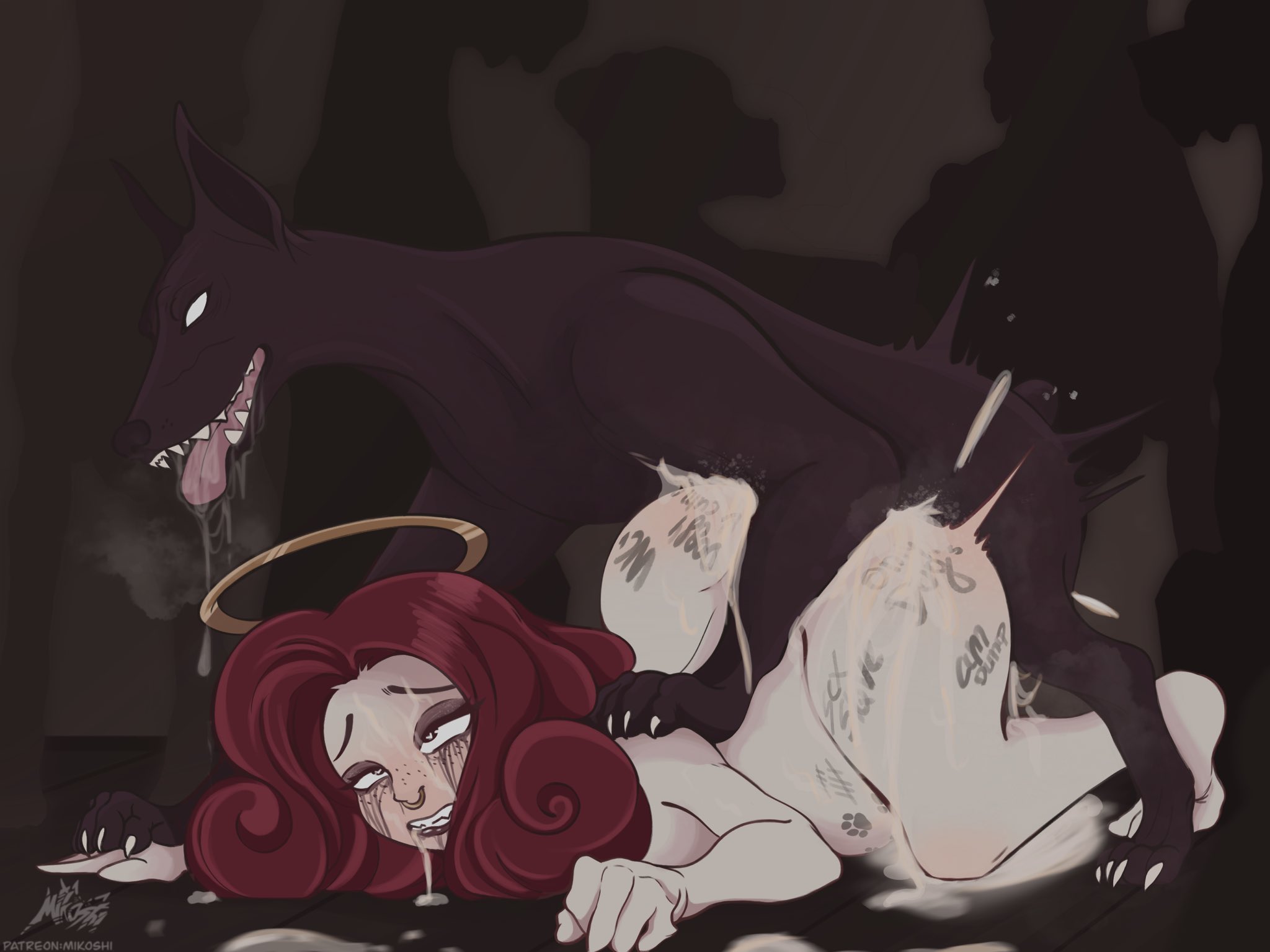 2d, all fours, angel, bestiality, body writing, canine, canine on human, curly hair, domestic dog, dominant feral, domination, drooling, eyeliner, eyes half open, eyeshadow, face down ass up, female on feral, femsub, feral, feral dominating human, feral on female, feral on human, feral penetrating, feral penetrating human, fucked into submission, fucked senseless, fucked silly, goth, gritted teeth, halo, heart-shaped pupils, human, human female, human on feral, human penetrated, interspecies pregnancy, large ass, light-skinned female, looking pleasured, loving it, mascara, mascara tears, mikoshi (artist), nose piercing, original, original character, pale-skinned female, pawprint, pleasure face, pounding, pregnant, pregnant belly, pregnant female, pregnant sex, red hair, rough sex, ruined makeup, running mascara, runny makeup, submissive human, thick ass, thick thighs, voluptuous, writing on body, zoophilia, zoophilia pregnancy