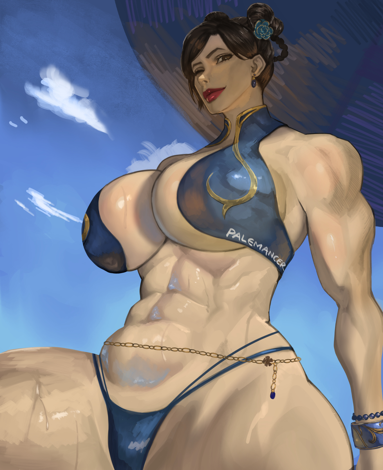 abs, beach, beach umbrella, bikini, chun-li, female, female only, lipstick, muscular, muscular female, palemancer, street fighter, sweaty, waist chain, wink