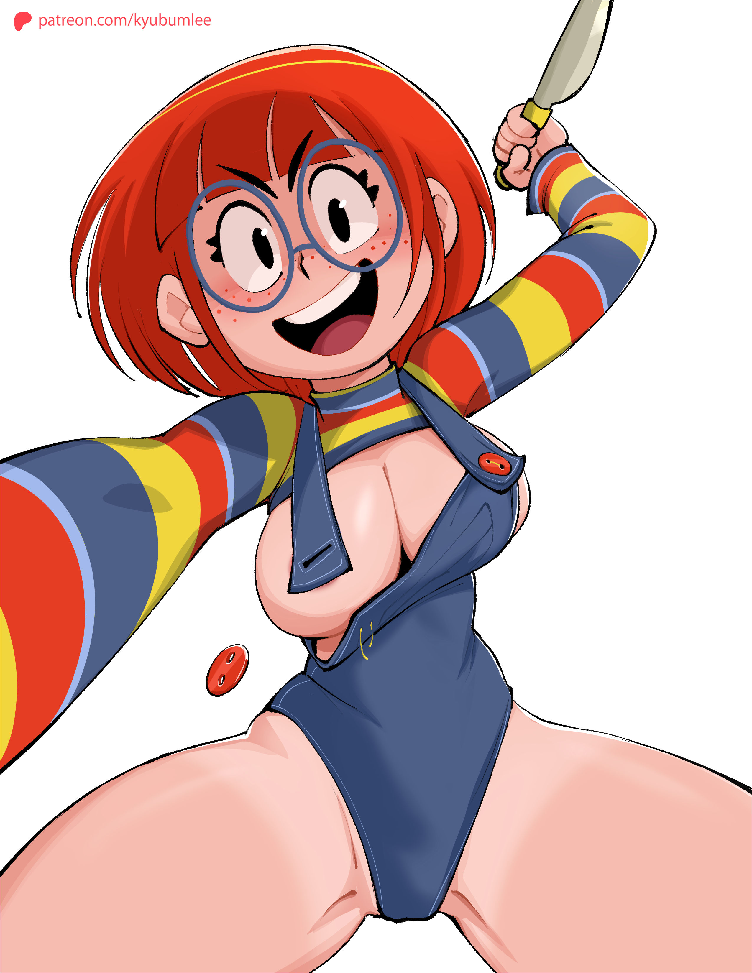 1girl, 1girls, areola, areola slip, areolae, areolae slip, arms up, asian, asian female, big breasts, blue glasses, blush, blushing at viewer, blushing female, bob cut, breasts, child's play, chucky, chucky (cosplay), color, colored, digital art, digital drawing (artwork), digital media, digital media (artwork), female, female focus, female only, freckles, glasses, happy, hi res, highres, holding viewer, knife, kyu bum lee, kyu-bum lee, legs, long sleeves, looking at viewer, medium hair, metro-goldwyn-mayer, oc, olive (kyubumlee), original, original character, patreon, png, pov, red hair, ripped clothing, round glasses, simple background, smile, smiling, smiling at viewer, teeth, white background, white body, white skin