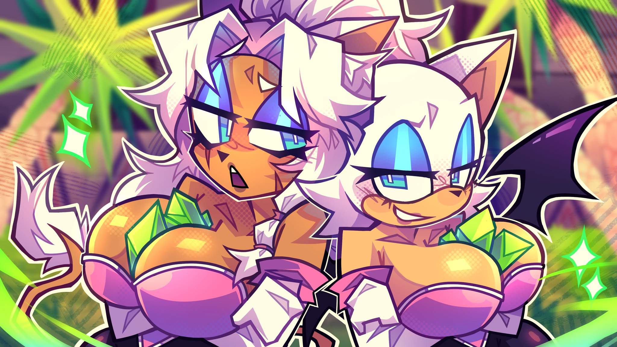 2d, 2d (artwork), arms crossed, arms crossed under breasts, bat ears, bat wings, big boobies, big breasts, blue eyes, blue eyeshadow, bolts the mechanic, bolts the mechanic (oc), boltsthemech, breasts, busty, busty female, cleavage, dark skin, dark-skinned female, gems between breasts, large breasts, rouge the bat, rouge the bat (cosplay), sega, smiling, sonic (series), sonic the hedgehog (series), voluptuous, voluptuous female, white hair