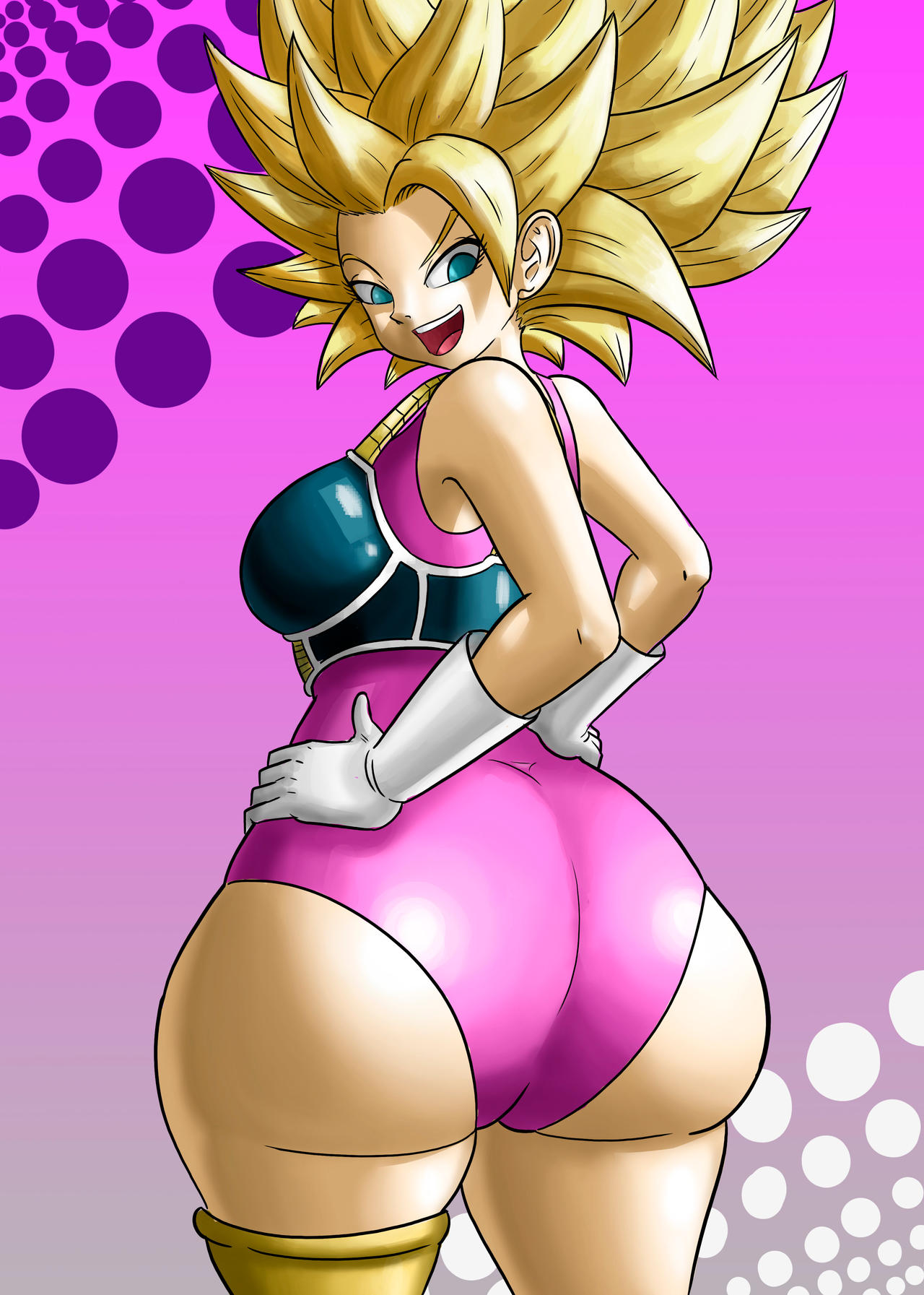 1girls, abemusnaculo, ass, big ass, big breasts, blonde hair, blue eyes, breasts, caulifla, cosplay, dragon ball, dragon ball gekishin squadra, dragon ball super, dragon ball z, female, female only, huge ass, large ass, large breasts, saiyan armor, seripa (cosplay), smile, super saiyan 2