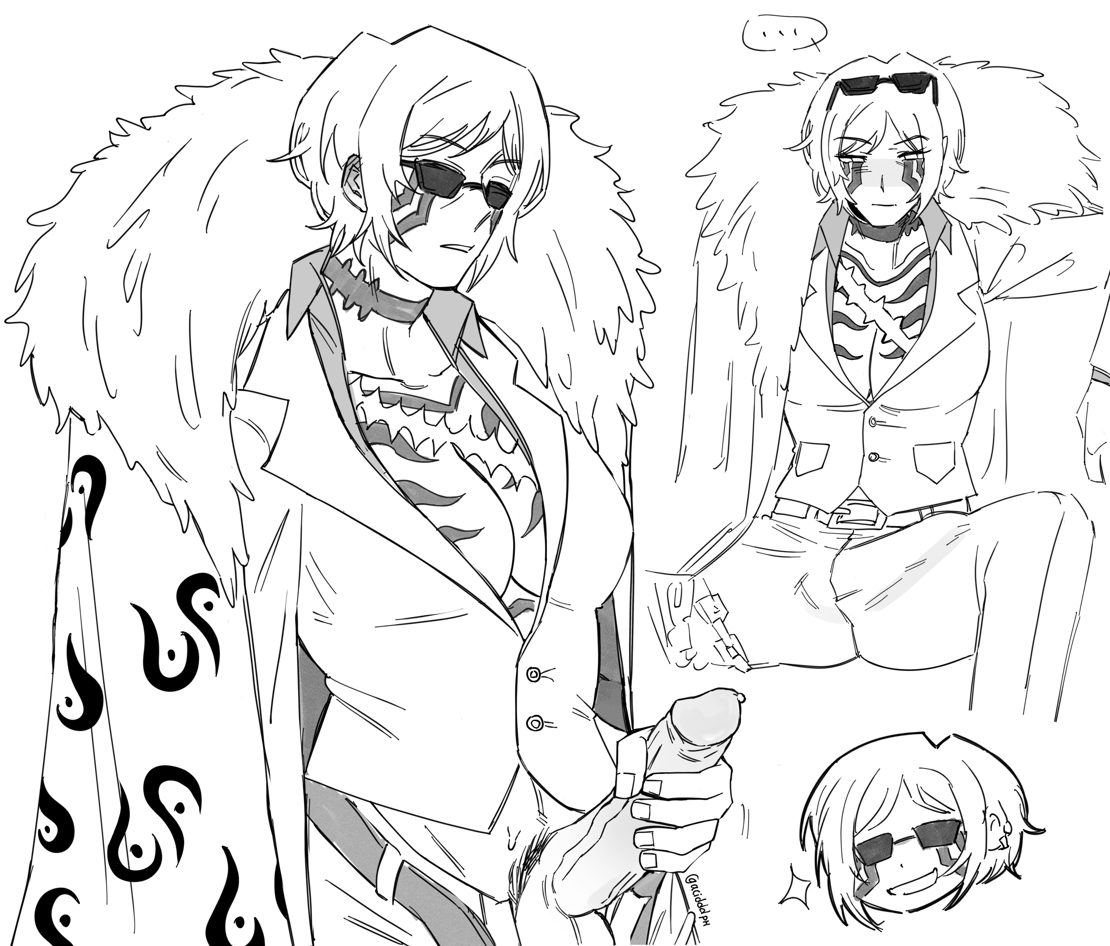 acidddph, alternate costume, big breasts, big cock, big dick, big penis, boner, boner in pants, boner under clothes, breasts, cleavage, coat, cock, dick, dickgirl, erection, erection under clothes, erection under clothing, female, female focus, fur coat, futanari, limbus company, outis (limbus company), penis, project moon, shades, sunglasshes, tattoo, tattoos, unbuckled belt, unbuttoned pants
