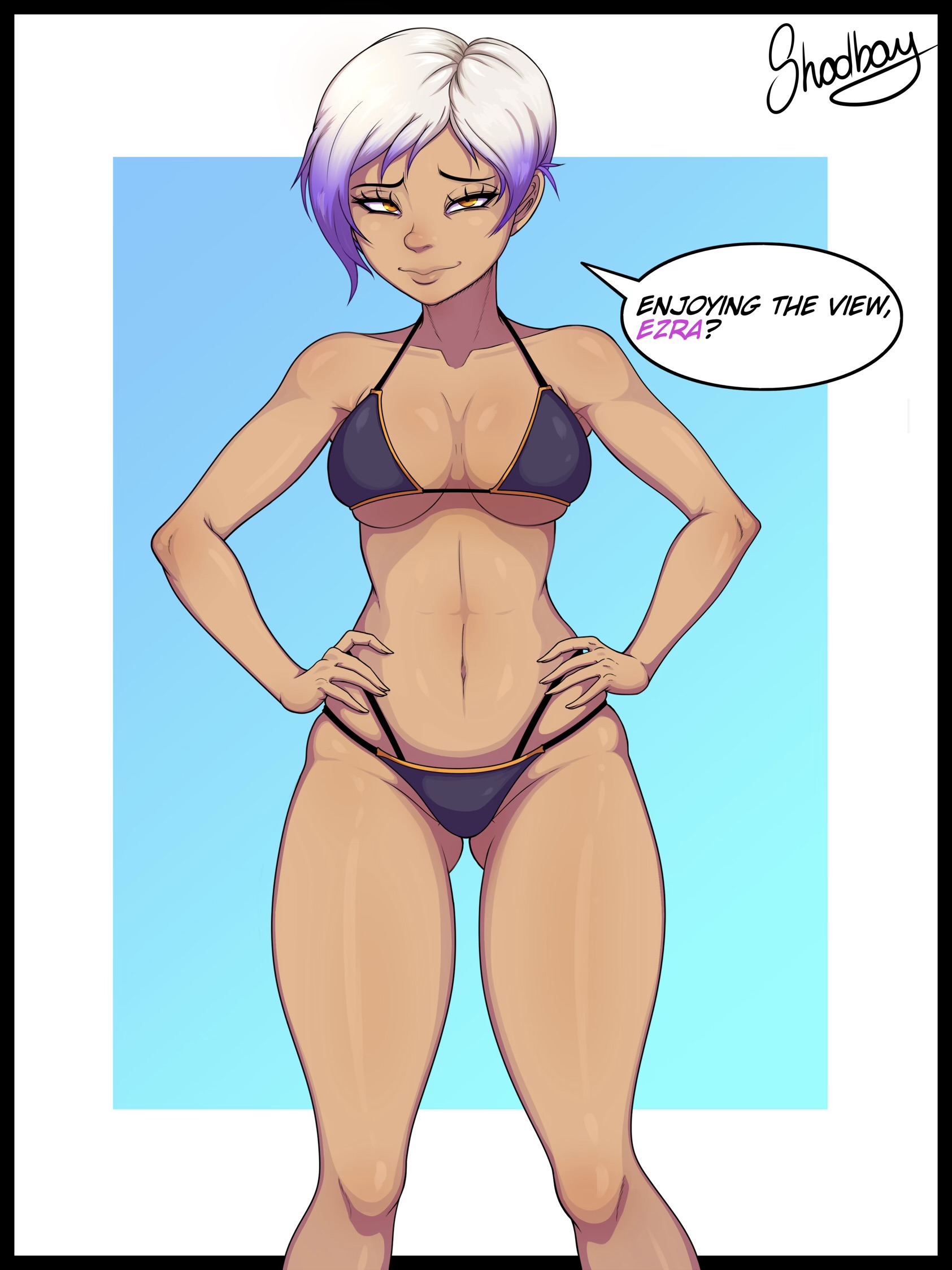 1girls, ass visible through thighs, bikini, bikini bottom, bikini top, breasts, cleavage, dialogue, dialogue bubble, fanart, female, female only, looking at viewer, medium breasts, pinup, sabine wren, shadboya, skinny, skinny female, slim, slim waist, solo, star wars, swimsuit, talking to viewer, text, text bubble, thigh gap, thighs, variant set