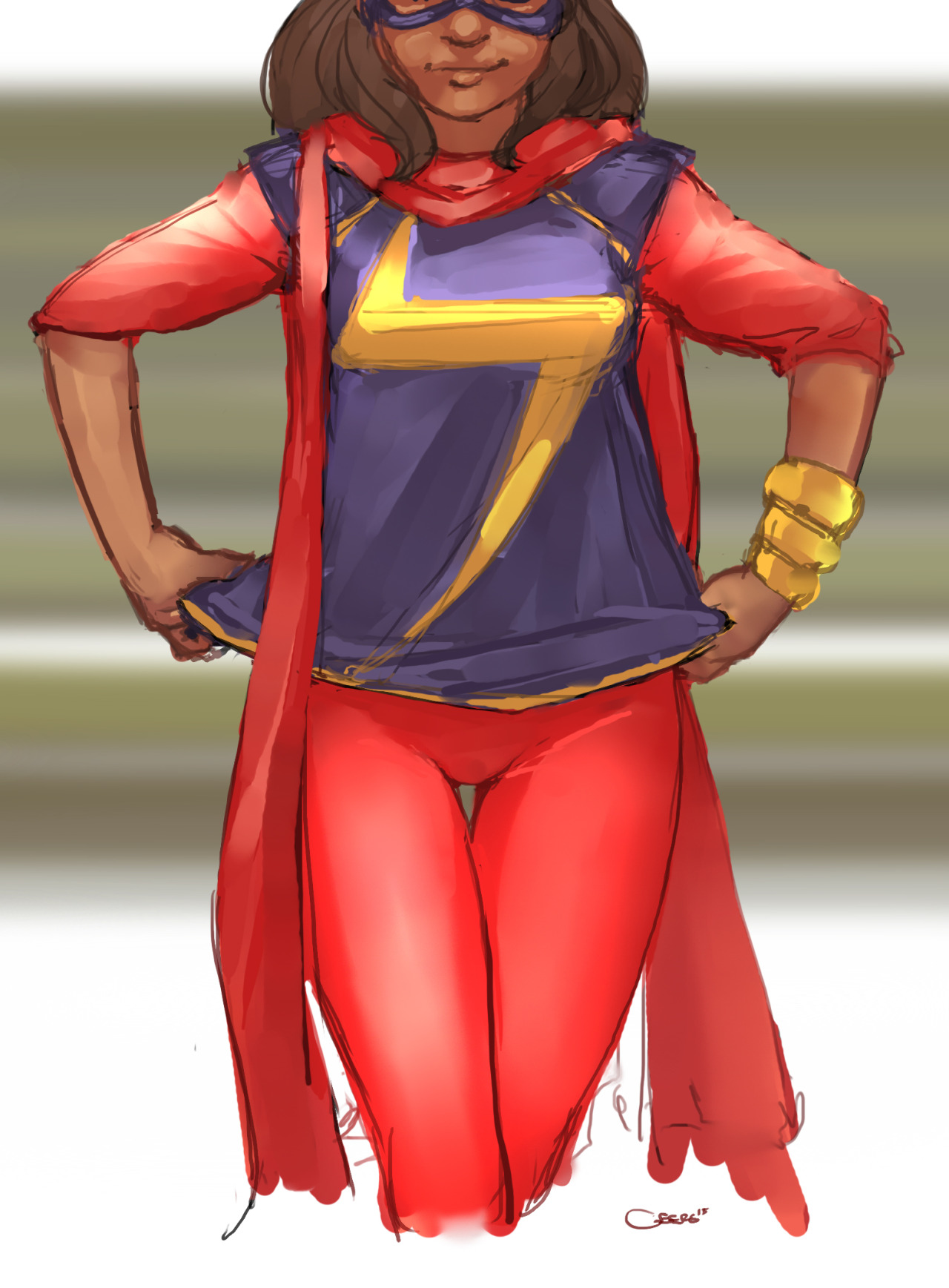 1girls, 2015, brown hair, dark skin, dark-skinned female, darren geers, female, female only, kamala khan, marvel, marvel comics, mask, ms. marvel, scarf, solo, tights