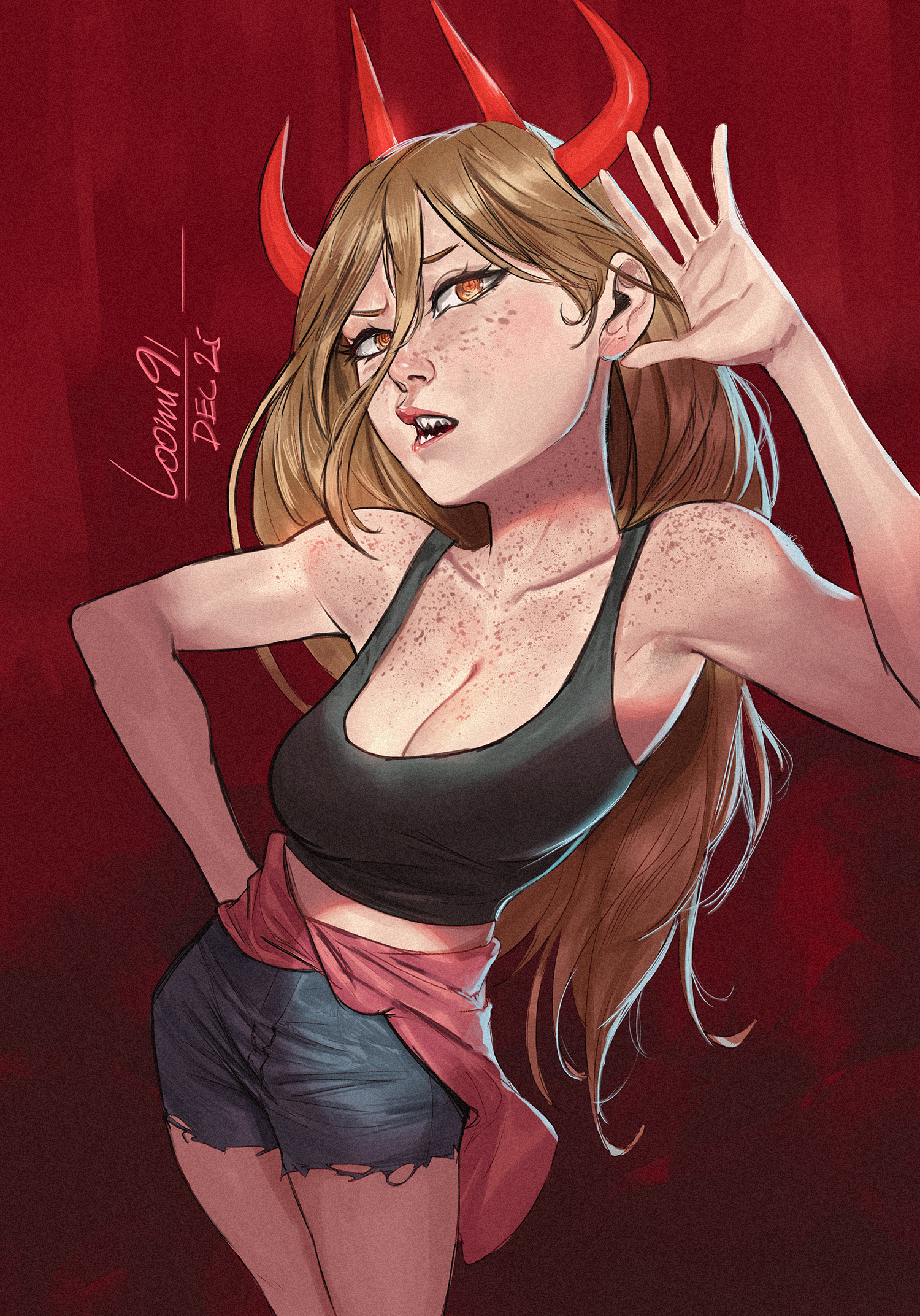 1girls, arm up, arms up, blonde hair, breasts, chainsaw man, cleavage, cutoffs, freckles, freckles on breasts, freckles on face, hi res, high resolution, highres, horns, jean shorts, jeans, loonu19, medium breasts, midriff, pose, power (chainsaw man), red background, shorts, tank top