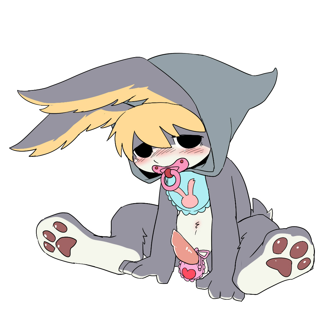 1boy anthro ashamed babyplay bib big_ears blush cornelius erection front_view hood humiliation lagomorph leaning leaning_forward looking_at_viewer male male_only mammal manmosu_marimo odin_sphere pacifier pawpads penis rabbit sitting solo spread_legs spreading tapering_penis