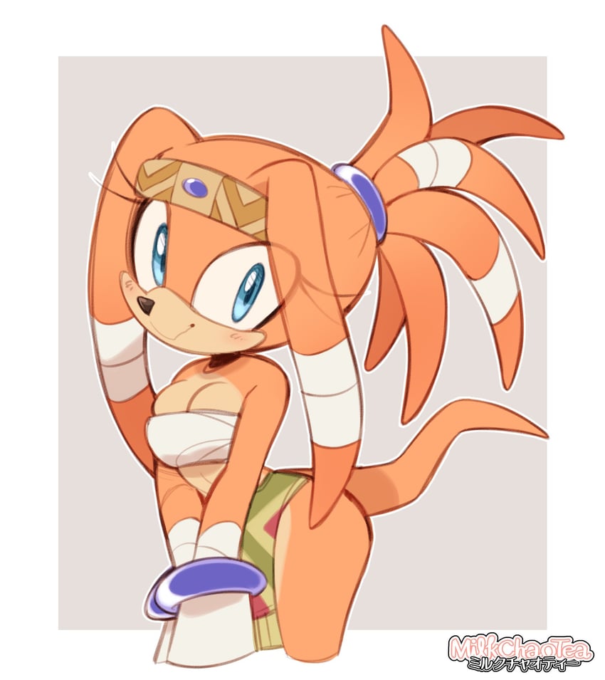 adapted costume, alternate breast size (larger), alternate costume, alternate hairstyle, animal nose, bandeau, blue eyes, blue gem, bracelet, breasts, cleavage, commentary request, cowboy shot, female, forehead jewel, furry, furry female, gem, gloves, hair tubes, headband, high ponytail, highres, jewelry, korean commentary, large breasts, light blush, loincloth, long eyelashes, long hair, looking at viewer, milkchaotea, orange fur, orange hair, pelvic curtain, ponytail, sega, smile, solo, sonic (series), sonic adventure, sonic the hedgehog (series), strapless, tail, tikal the echidna, tube top, v arms, white bandeau, white gloves