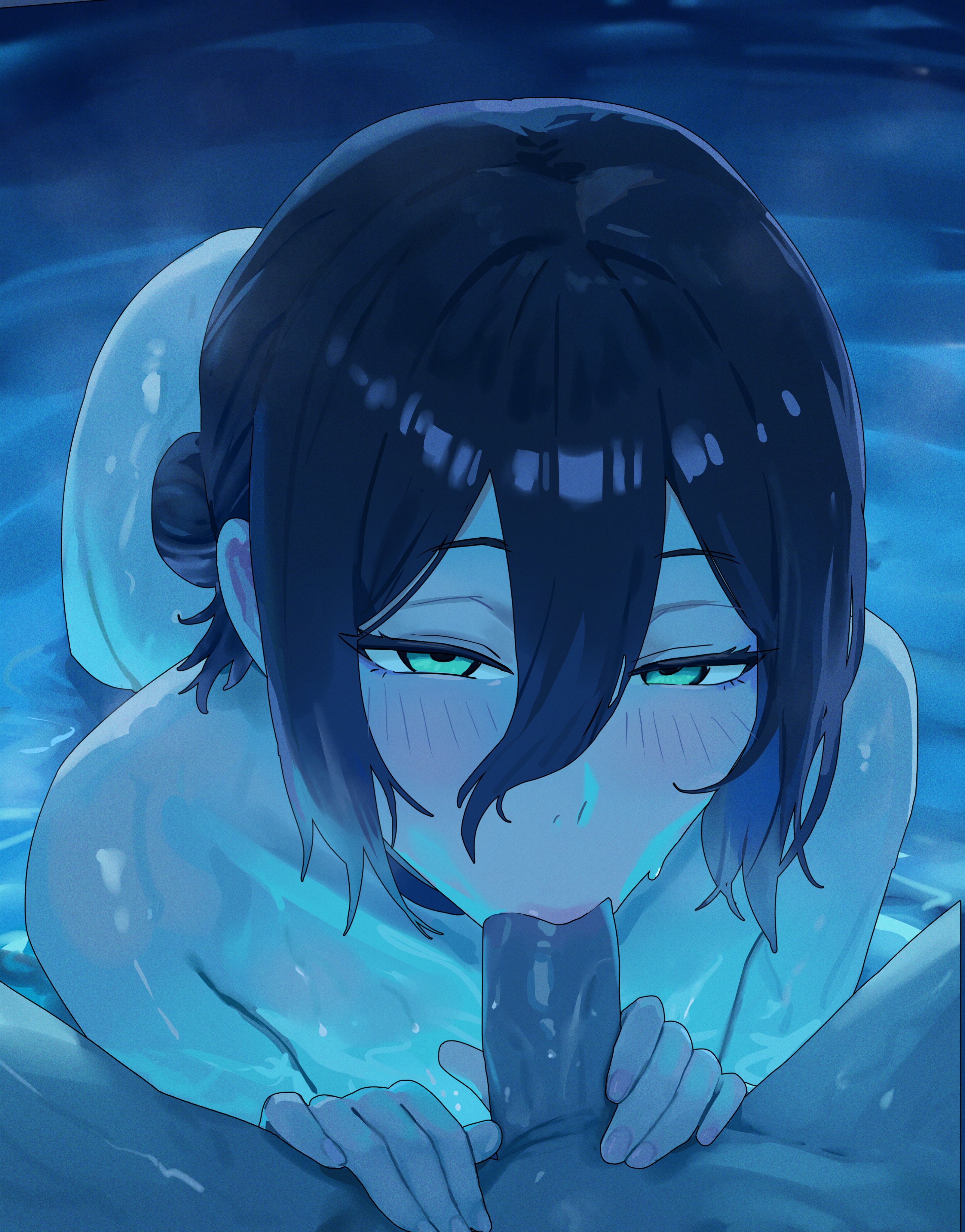 black hair, blowjob, blowjob face, chainsaw man, completely nude, duo, female, female focus, light skin, light-skinned female, light-skinned male, male, nisakusa, nude, nude female, nude male, oral, penis, reze (chainsaw man), unseen male face