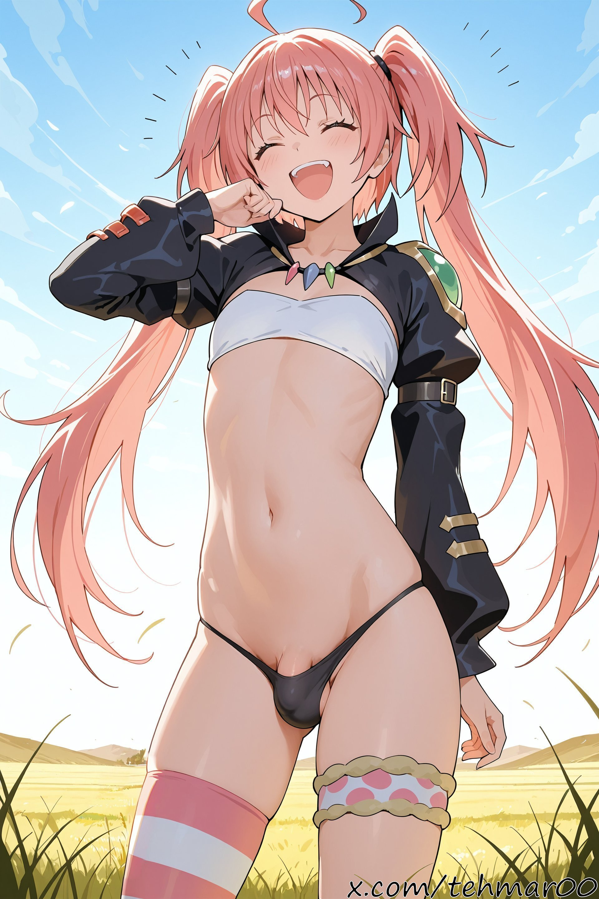 1boy, ahoge, ai generated, bangs, black panties, blue sky, bulge, closed eyes, day, femboy, genderswap (ftm), long hair, long sleeves, male, milim nava, navel, open mouth, outdoors, panties, penis, pink hair, rule 63, single thighhigh, sky, smile, solo, standing, striped, striped thighhighs, tagme, tehmar, tensei shitara slime datta ken, testicles, thigh strap, thighhighs, trans woman, transfem, trap, twintails