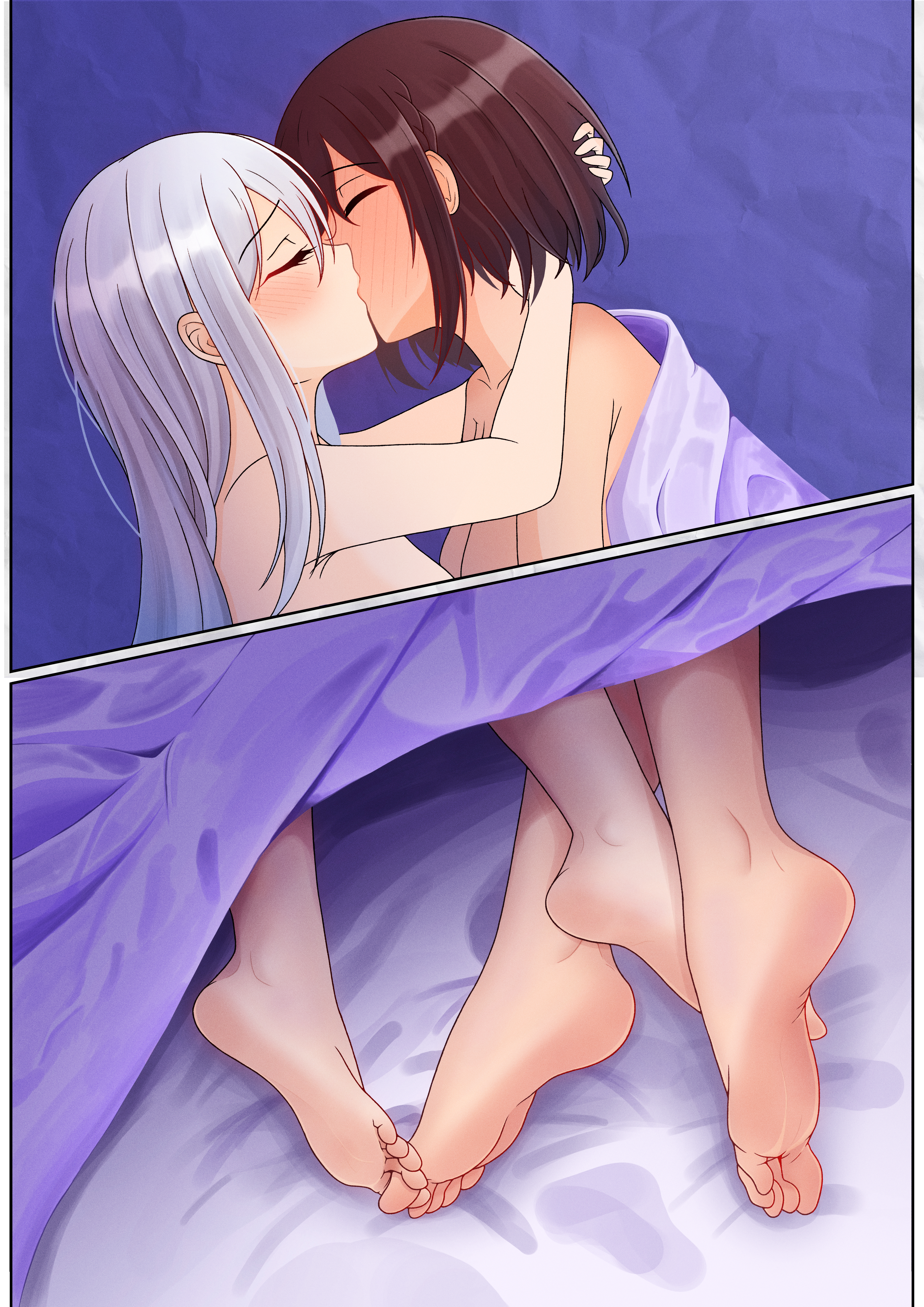 2girls, barefootkanade, blush, couple, couple (romantic), feet, feet fetish, female only, female/female, girlfriends, kissing, lesbian couple, lesbian kiss, naked, project sekai, shinonome ena, yoisaki kanade, yuri