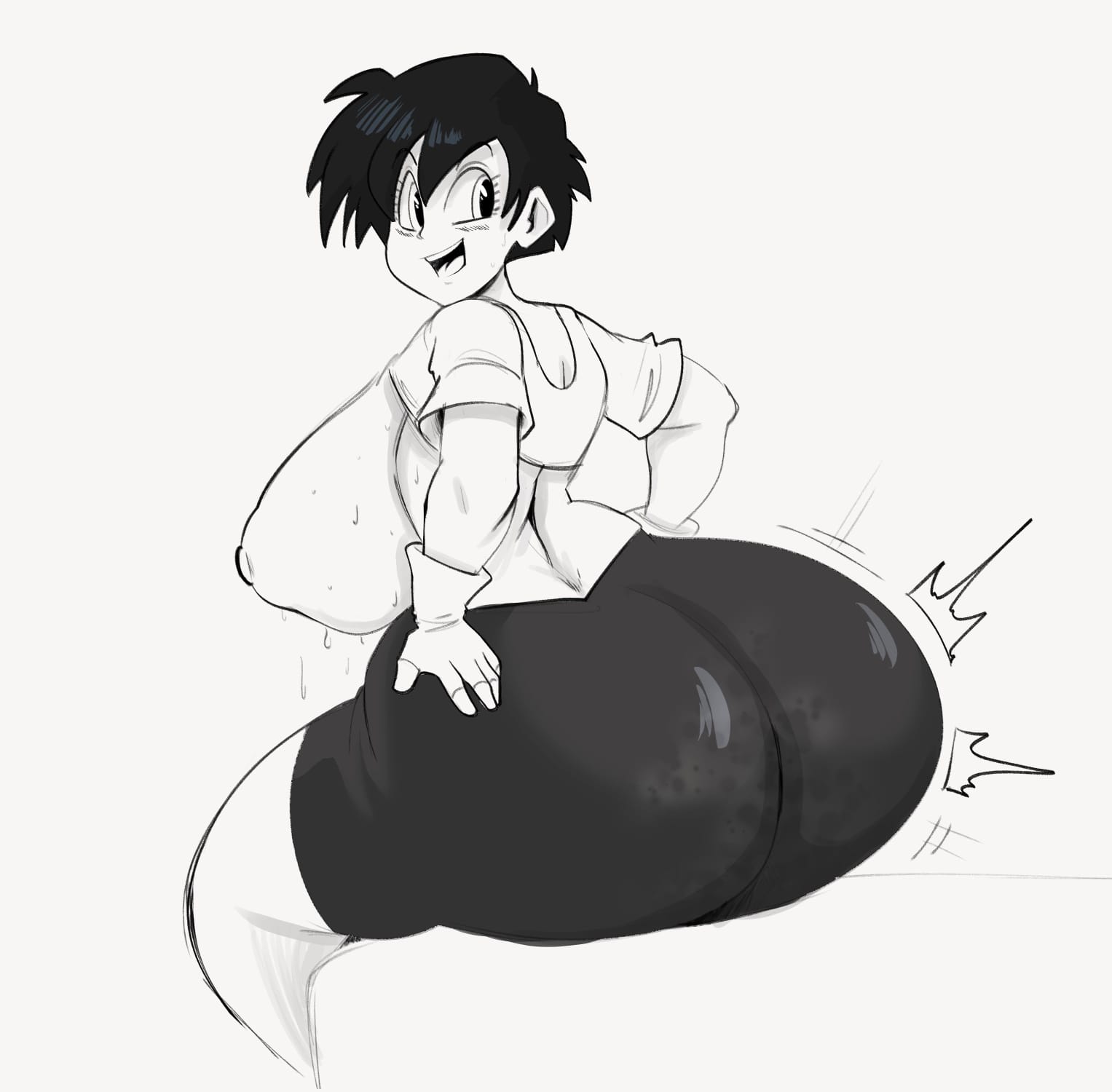 artist request, ass focus, big ass, big breasts, breasts out, dragon ball, dragon ball z, fat ass, goonu, huge ass, huge breasts, large breasts, looking at viewer, musk, musky, musky butt, nipple bulge, nipples, pants, round ass, short hair, sitting, smile, sweaty ass, thick ass, thick thighs, thighhighs, thighs, uncolored, videl, videl (short hair), wobbling ass