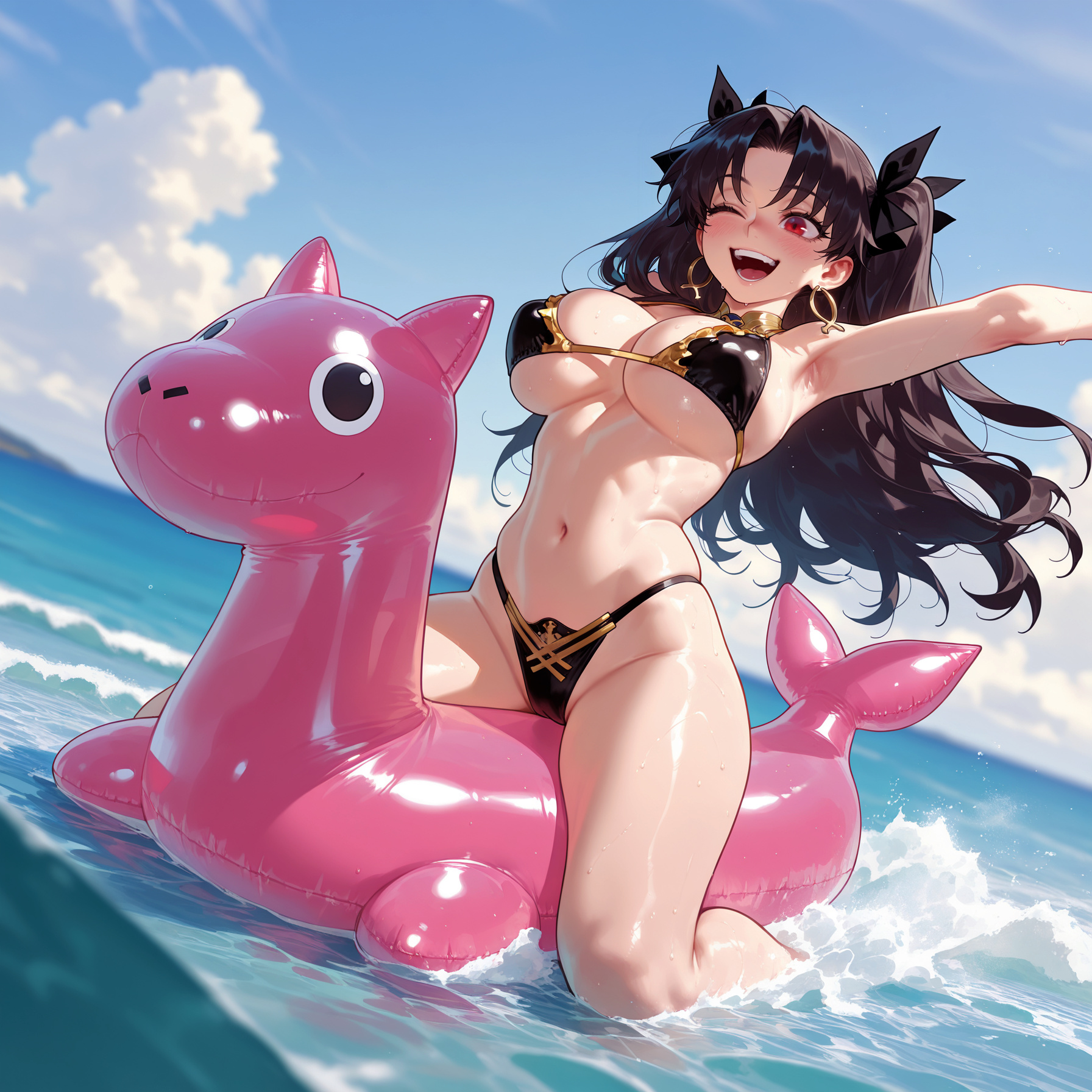 ;d, 1girls, ai generated, alternate breast size, arm up, armpits, balecxi, bare shoulders, beach, bikini, black bikini, black hair, black ribbon, black swimsuit, blue sky, blush, breasts, cleavage, clothing, cloud, curvaceous, curvaceous female, curvaceous figure, curvy, curvy figure, day, earrings, fate (series), fate/grand order, female, female focus, female only, gold earrings, gold trim, hair ornament, hair ribbon, highleg, highleg bikini, highleg swimsuit, hoop earrings, inflatable toy, inviting, ishtar (fate), jewelry, large breasts, long hair, navel, neck ring, ocean, one eye closed, open mouth, outdoors, outstretched arm, parted bangs, presenting, presenting ass, presenting breasts, presenting hindquarters, presenting pussy, presenting self, red eyes, ribbon, riding, seductive, seductive look, seductive smile, sky, smile, solo, stomach, swimsuit, teeth, thighs, twintails, two side up, underboob, upper teeth only, voluptuous, voluptuous female, water, wet