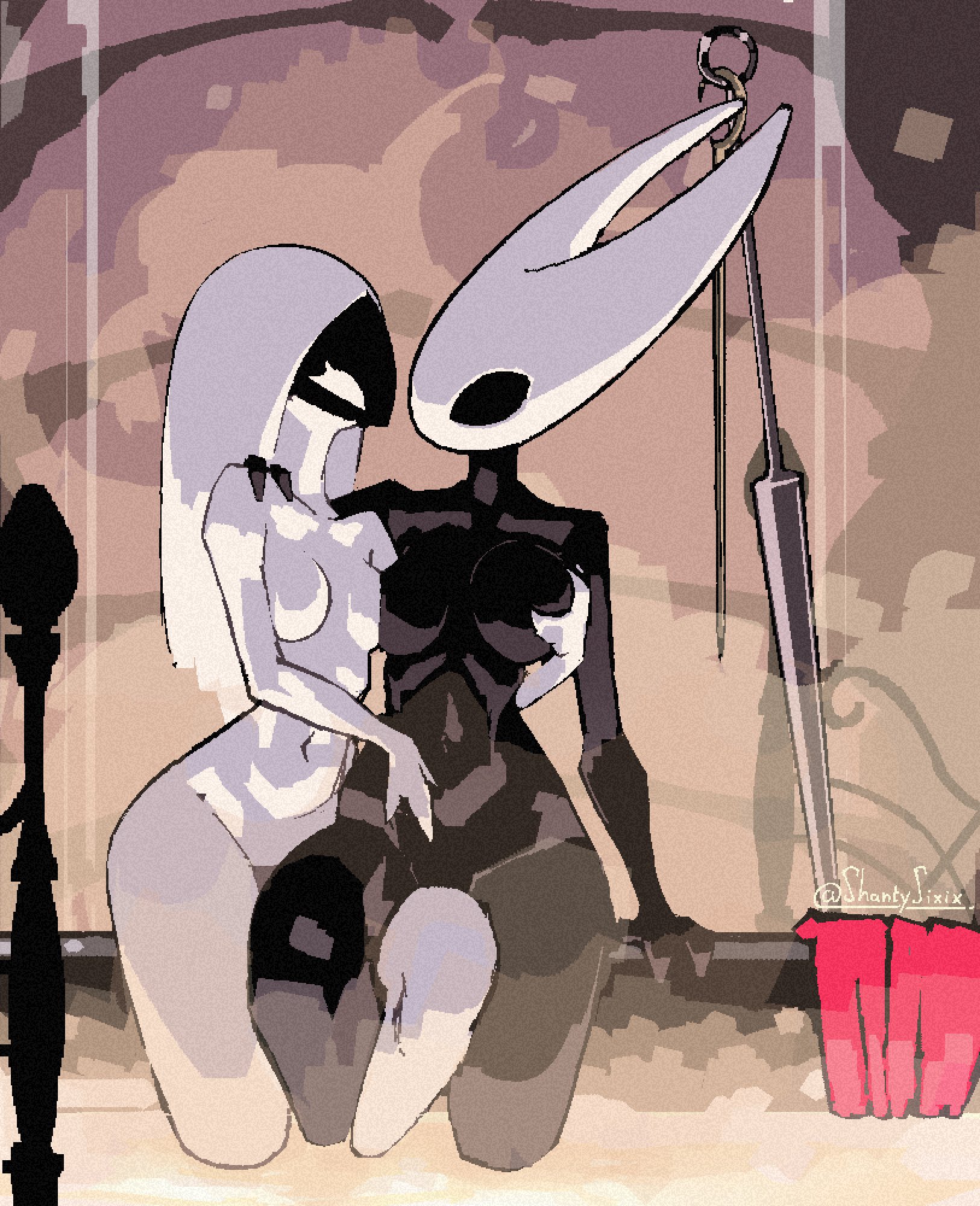 2d, 2d (artwork), 2girls, anthro, anthro on anthro, bath, bathing, black body, black eyes, black skin, breast grab, breast press, breasts, completely nude, completely nude female, duo, female, female only, hollow knight, hollow knight (franchise), hollow knight: silksong, hornet (hollow knight), hot spring, hourglass figure, insects, lace (hollow knight), medium breasts, nude, nude female, onsen, shantysixix, slim waist, small breasts, steam, thick, thick thighs, thighs, white body, white eyes, wide hips, yuri