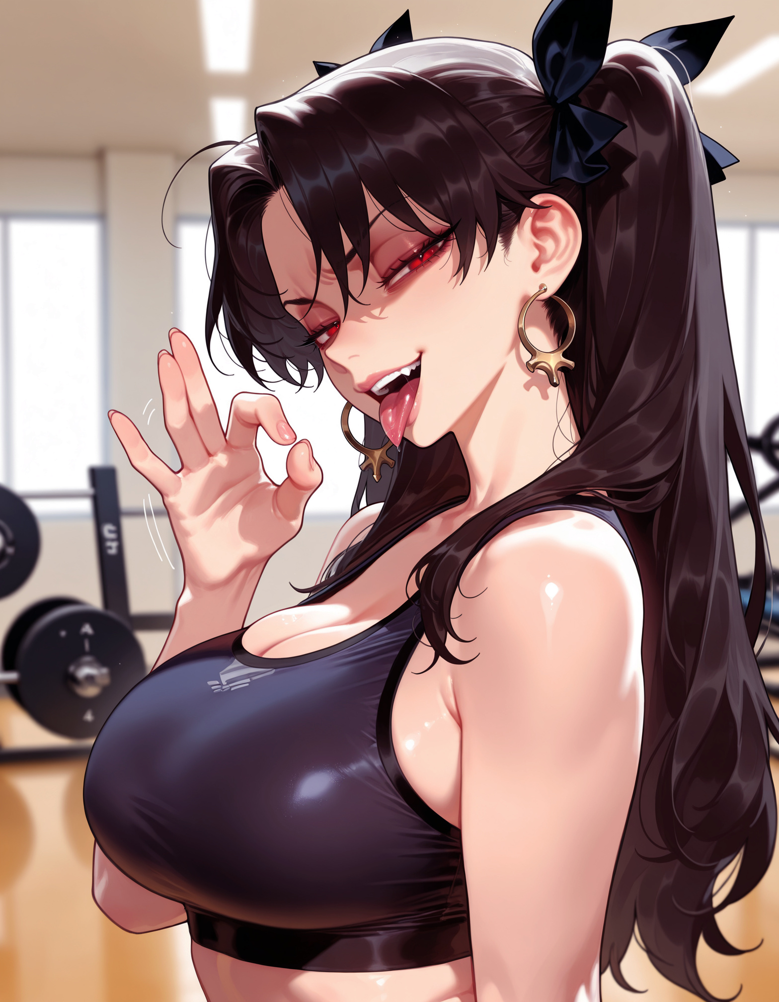 1girls, ai generated, alternate breast size, alternate costume, balecxi, bangs, bare shoulders, black hair, black ribbon, black sports bra, blurry background, blush, breasts, cleavage, clothing, curvaceous, curvaceous female, curvaceous figure, curvy, curvy figure, earrings, fate (series), fate/grand order, fellatio gesture, female, female focus, female only, from side, gesugao, gold earrings, gym, hair ornament, hair ribbon, half-closed eyes, hand up, hoop earrings, indoors, ishtar (fate), jewelry, large breasts, long hair, looking at viewer, narrowed eyes, naughty face, nike (company), open mouth, oral invitation, parted bangs, red eyes, ribbon, saliva, smile, solo, sports bra, teeth, tongue, tongue out, twintails, two side up, upper body, upper teeth only, voluptuous, voluptuous female