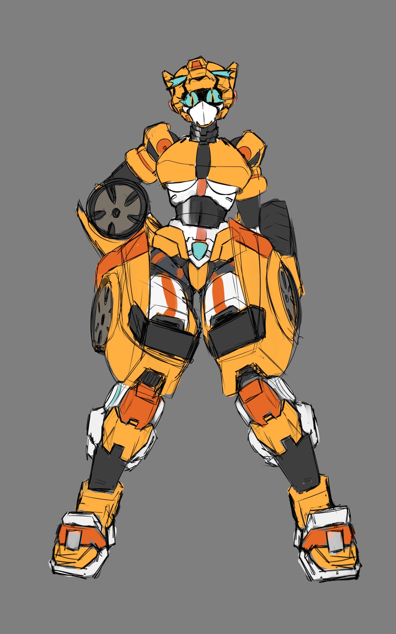 cat girl, cheetah girl, cheetah tail, huge thighs, jallerarts, mecha, mecha focus, mecha girl, metal cardbot, robot girl, tachi (metal cardbot), tachy (metal cardbot), underboob