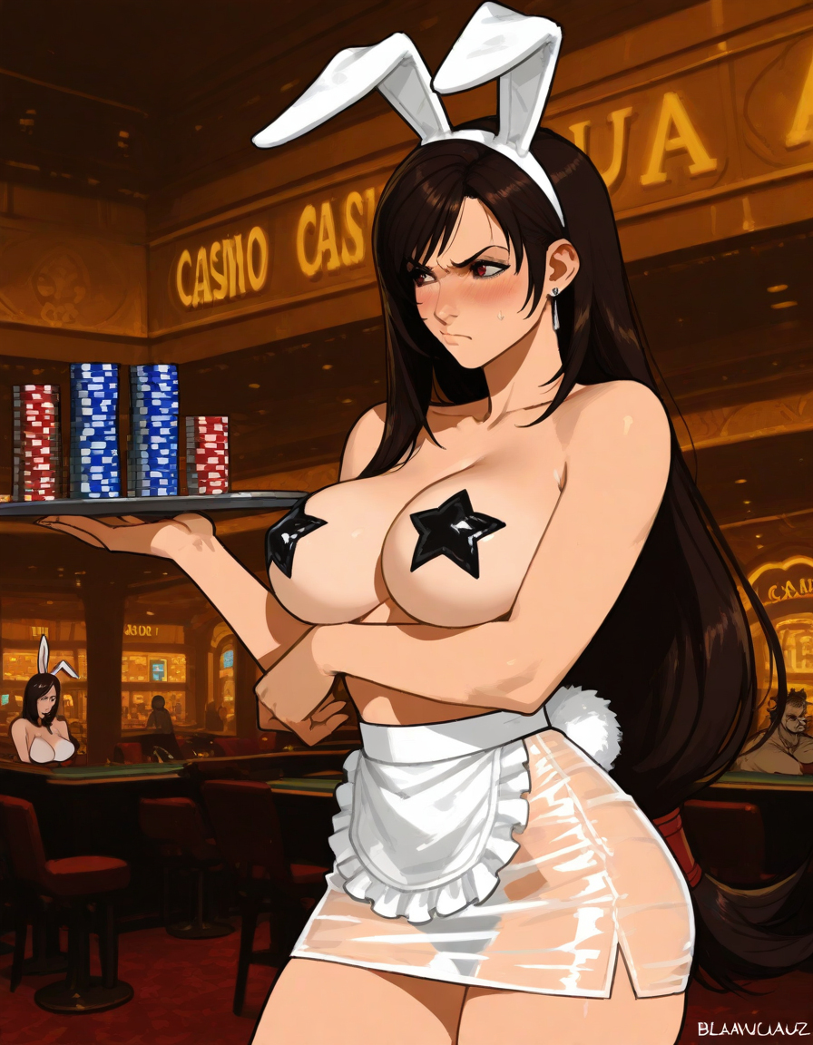 1girls, ai generated, big breasts, breasts, bunny ears, casino, close-up, embarrassed, embarrassed female, exhibitionism, final fantasy, final fantasy vii, final fantasy vii rebirth, final fantasy vii remake, forced exhibitionism, functionally nude, functionally nude female, nipple pasties, no panties, pasties, public, public exposure, public indecency, public nudity, see-through, see-through clothes, see-through clothing, see-through skirt, shiny skin, skimpy, skimpy clothes, skimpy outfit, skirt, transparent clothing, tray, useless clothing, waitress