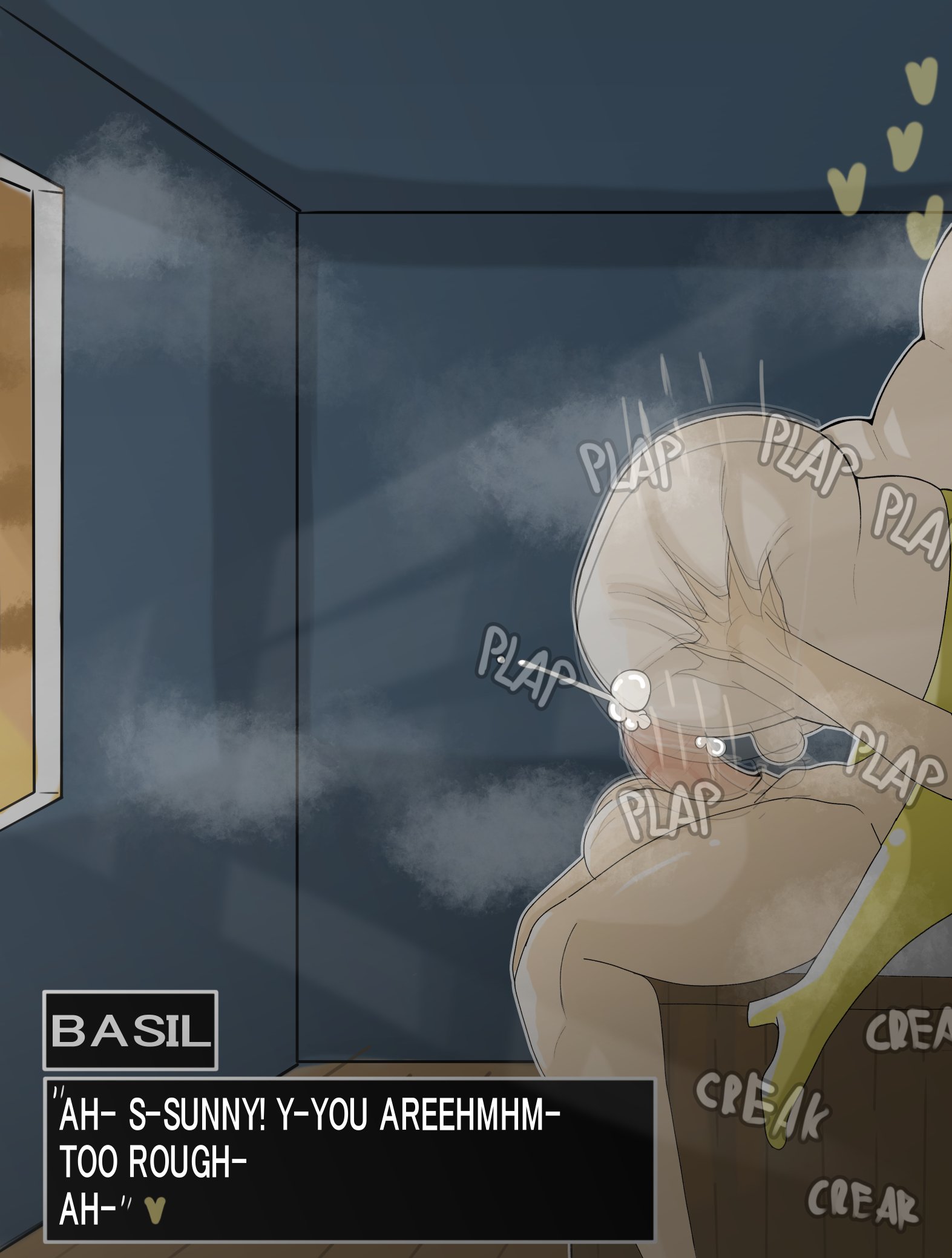 2boys, anal, anal sex, ass, ass grab, basil (omori), dialogue, femboy, gay, heels, high heels, huge cock, male, male only, nervous, omori, omori (character), sunny (omori), text, thick thighs, thighhighs, yaoi, yomiee