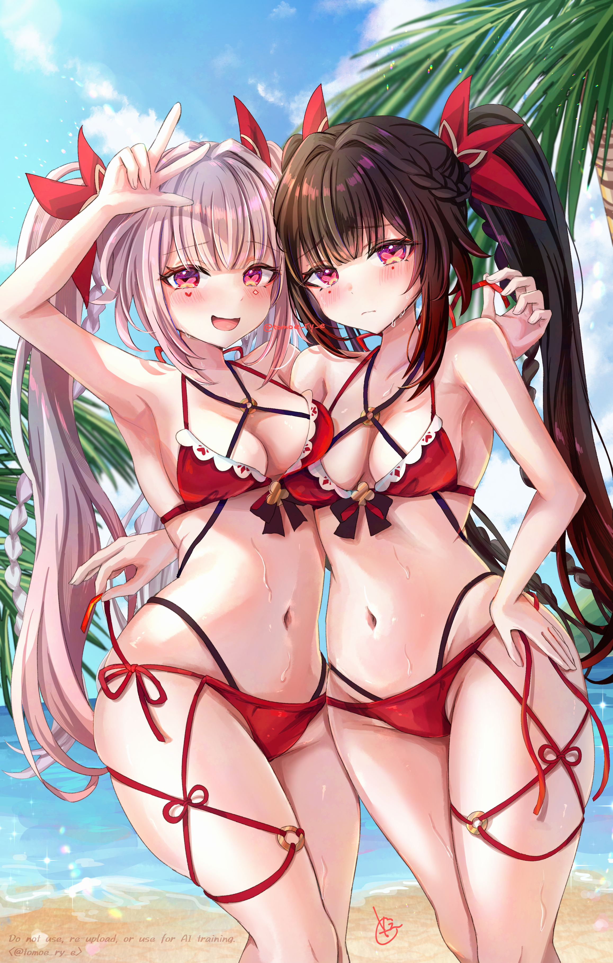 2girls, absurdres, beach, bikini, black hair, blue sky, blush, breasts, cleavage, commentary request, dual persona, highres, honkai (series), honkai: star rail, long hair, looking at viewer, medium breasts, midriff, multiple girls, navel, ocean, purple eyes, red bikini, shibari, sky, sparkle (honkai: star rail), sparxie (honkai: star rail), swimsuit, tomoe (pixiv 53856103), twintails, very long hair, white hair