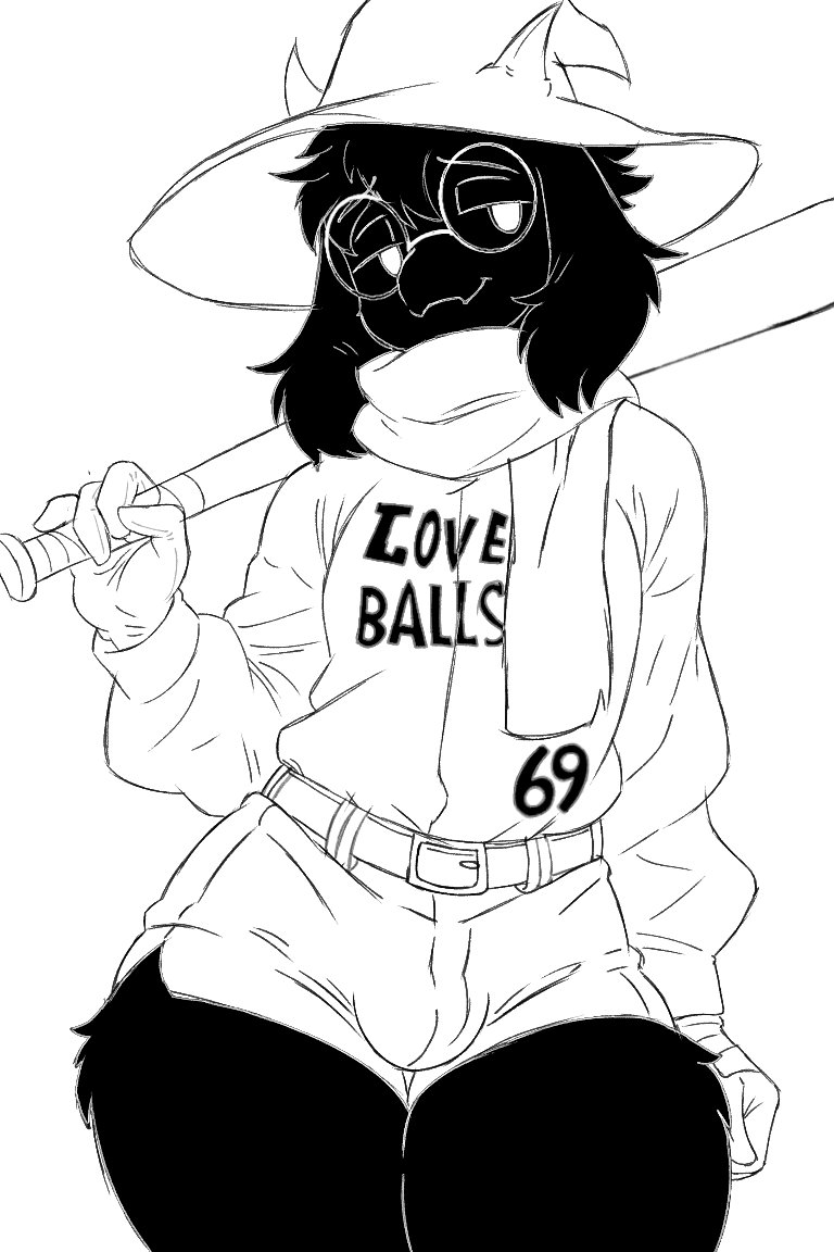2026, 69, balls, baseball bat, baseball uniform, black and white, boss monster, deltarune, femboy, femboy only, goat, omega80473, ralsei, ralsei with black fur, solo