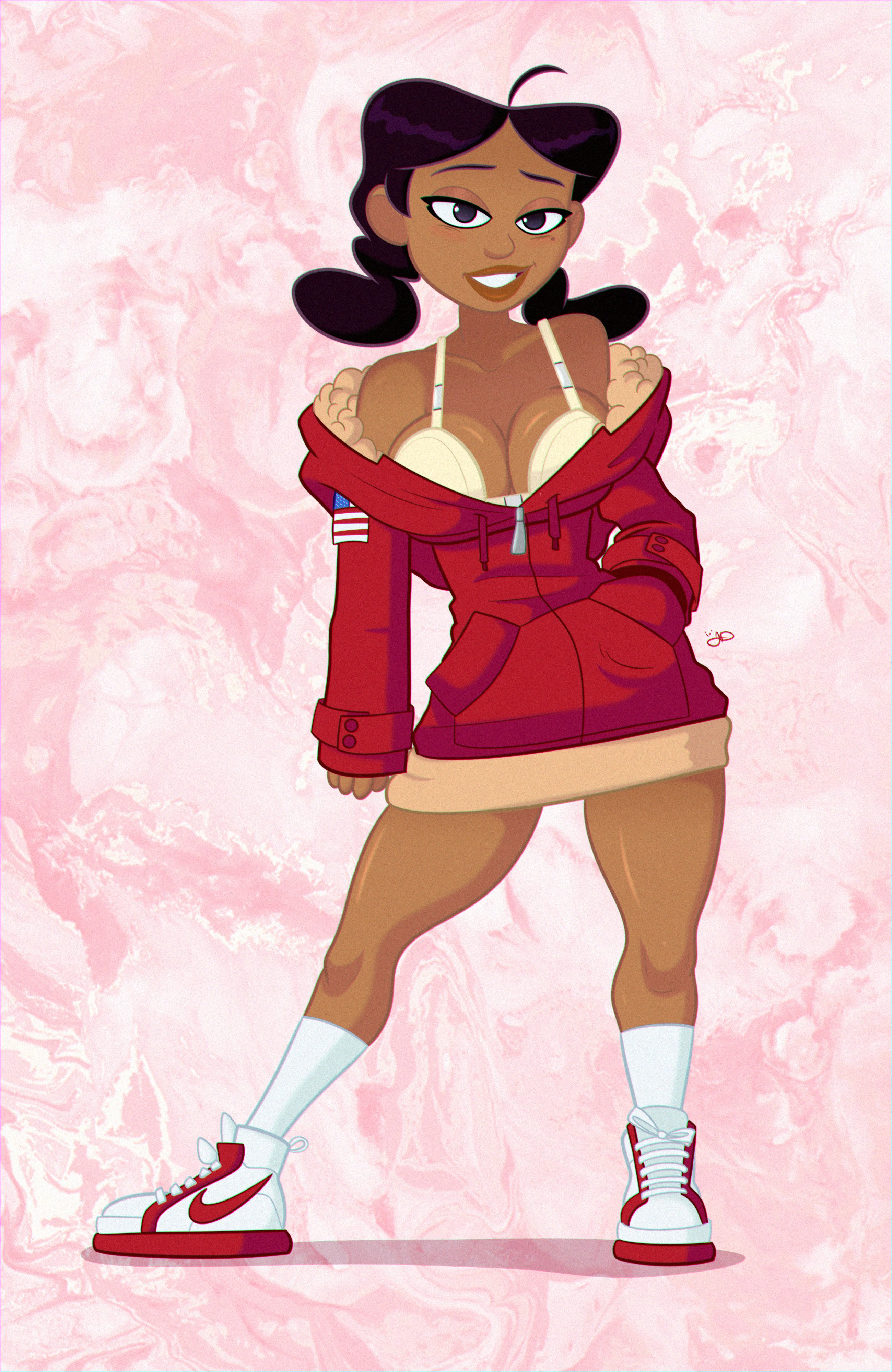 1girls, aged up, beauty mark, big breasts, bra, breasts, cleavage, dark skin, dark-skinned female, disney, female, female only, jumpdriiver, penny proud, solo, the proud family, the proud family: louder and prouder