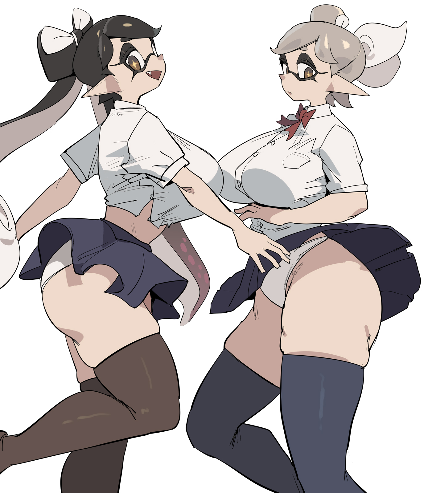 2girls, ass, big ass, big breasts, black hair, breasts, callie (splatoon), clothed, cowboy shot, digital media, domino mask, female, hips, huge ass, huge breasts, inkling, light skin, light-skinned female, long hair, marie (splatoon), nintendo, panties, school uniform, simple background, skindentation, splatoon, splatoon (series), squid sisters, standing, tentacle hair, thick thighs, thighhighs, thighs, wide hips, yuta agc