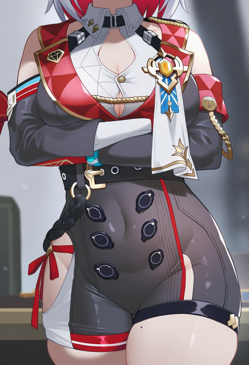 1girls, ai generated, big ass, big breasts, big butt, big thighs, crossed arms, female, female focus, honkai: star rail, hoyoverse, lunealter, mature, mature female, mihoyo, multicolored hair, pale skin, pale-skinned male, sfw, short hair, thick ass, thick butt, thick legs, thick thighs, topaz (honkai: star rail), white hair