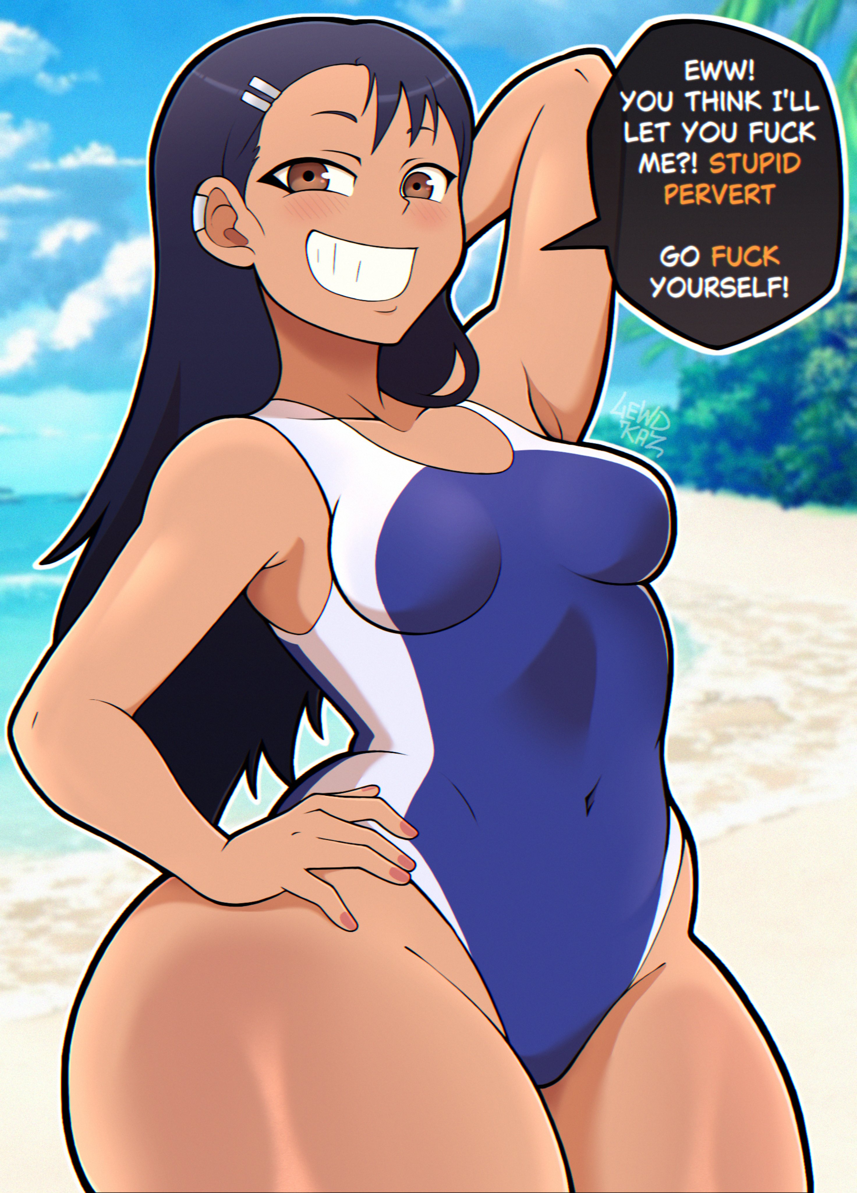 arms behind head, artist request, beach, beach background, big ass, bottom heavy, brown eyes, brown hair, bubble butt, cursing, fat ass, hayase nagatoro, huge ass, humiliation, please don't bully me, nagatoro, round ass, shortstack, showing off, small breasts, smaller breasts, smile, swimsuit, tanned, tanned female, tanned skin, thick ass, thick thighs, thighhighs, thighs