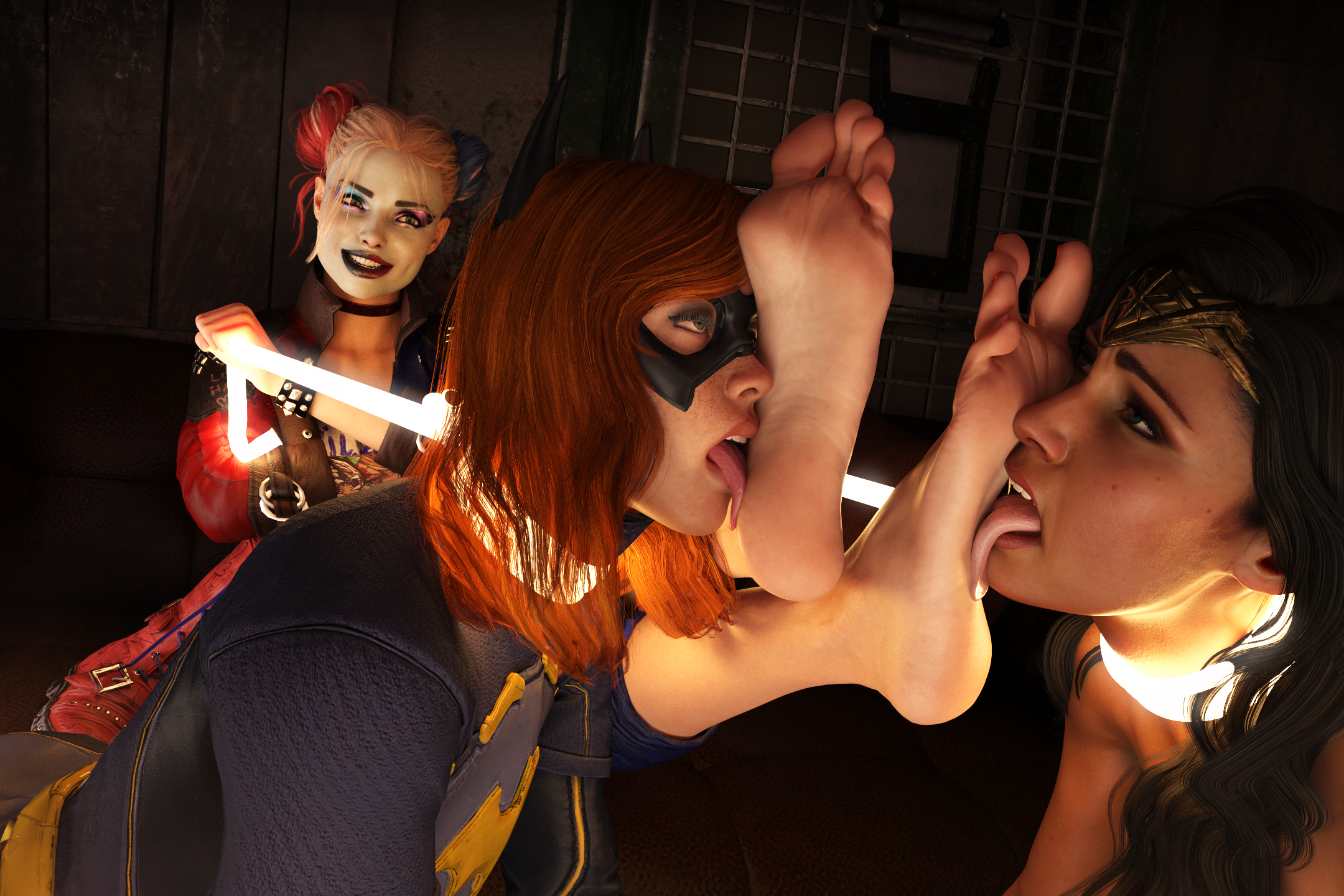 3d, 3d (artwork), 3d model, 3d render, 3girls, barefoot, batgirl, batgirl (barbara gordon), batgirl (gotham knights), batman (series), black eyeshadow, black hair, black lipstick, blonde hair, blue eyeshadow, blue highlights, boots, brown eyes, choking, clothed, clothed female, damsel in distress, dc, dc comics, diana prince, dominant, dominant female, domination, domino mask, elevenstairs, eyeshadow, face paint, facepaint, feet, feet in face, feet up, female, female only, femdom, femsub, foot fetish, foot worship, footwear removed, gotham knights, green eyes, harley quinn, harley quinn (arkham), harley quinn (suicide squad game), heroine, heroine in trouble, injustice 2, lasso, lasso of truth, licking, licking foot, lipstick, makeup, mask, masked, masked female, nude, nude female, pink eyeshadow, red hair, red highlights, red lipstick, rope, rope around neck, rope bondage, soles, submissive, submissive female, suicide squad, suicide squad: kill the justice league, superhero, superhero costume, superheroine, supervillain, supervillainess, tiara, toes, tongue, tongue out, two-tone lipstick, villain, villainess, white face, white facepaint, wonder woman, wonder woman (injustice), worshiping