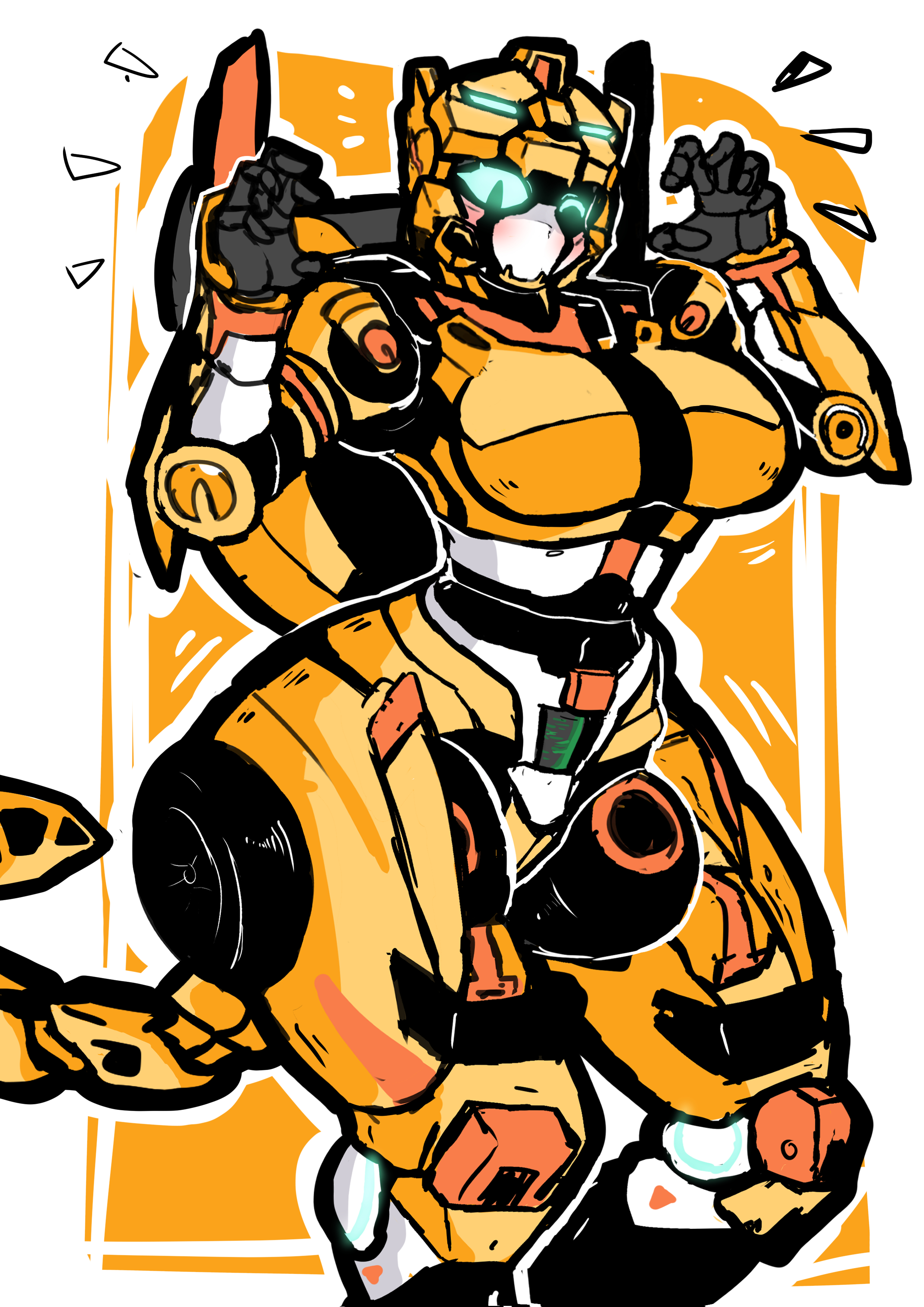 big breasts, blue sclera, massive thighs, mecha, mecha focus, mecha girl, metal cardbot, mralee, playful, tachi (metal cardbot), tachy (metal cardbot), thick thighs, wide hips, winking at viewer