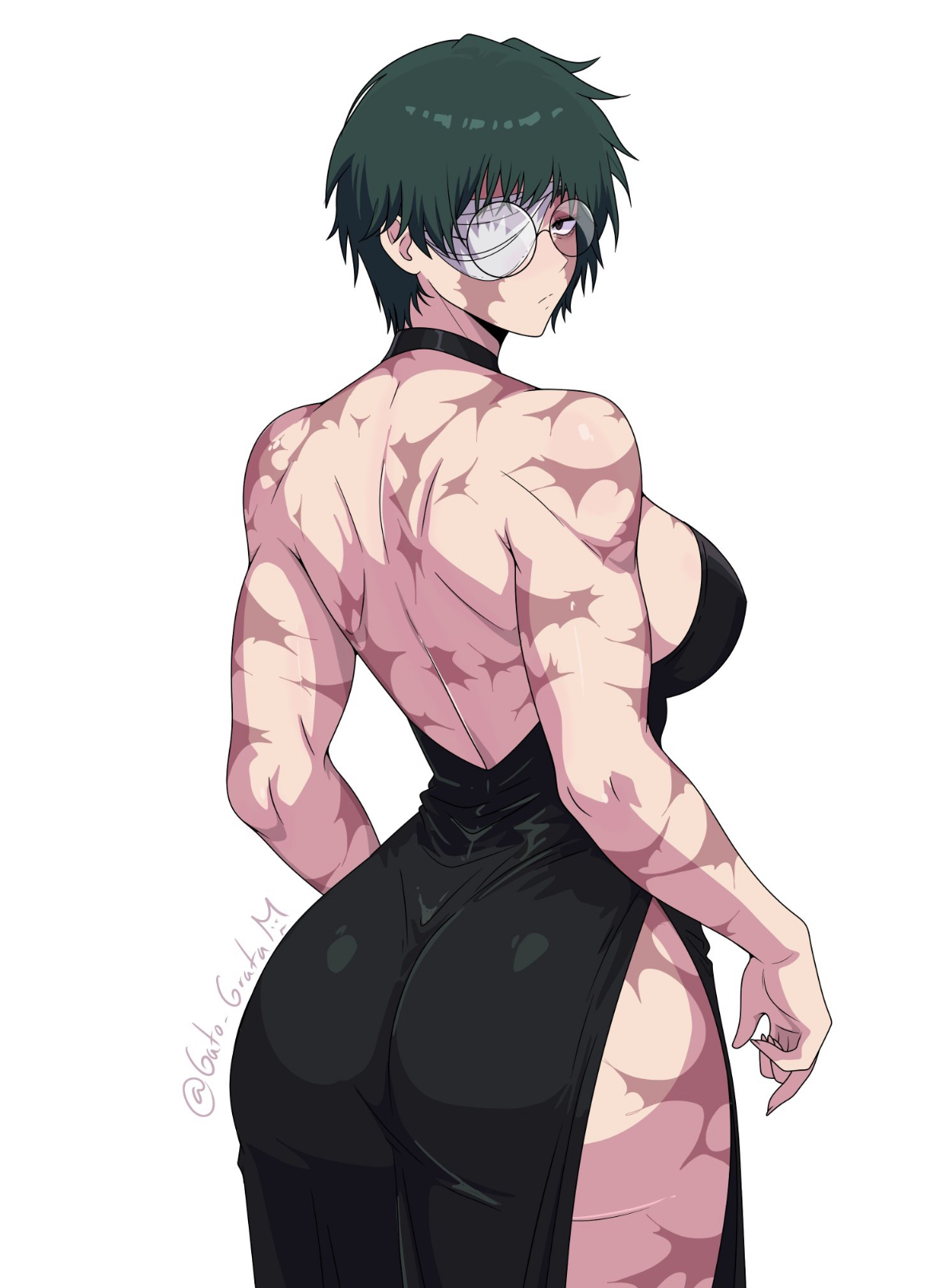 ass, back view, backside, bandage, big ass, big breasts, curvy female, dress, female, female only, gato gratam, glasses, green hair, jujutsu kaisen, scars all over, short hair, sideboob, wide hips, zenin maki
