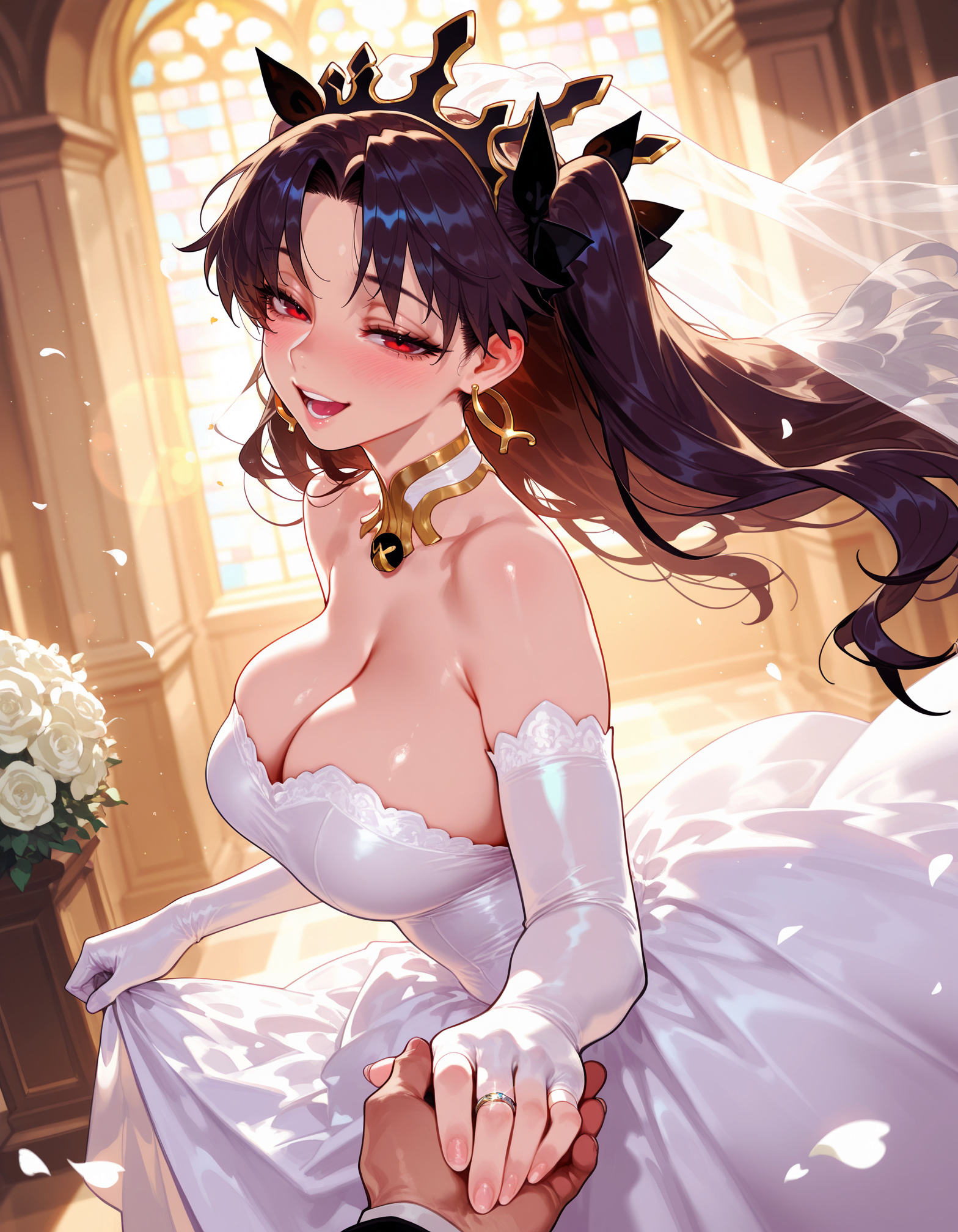 :d, 1boy, 1girls, ai generated, alternate breast size, alternate costume, armpit crease, balecxi, bangs, bare shoulders, black bow, black hair, black ribbon, blush, bouquet, bow, breasts, bridal gauntlets, bridal veil, bride, church, cleavage, clothing, collarbone, crown, curvaceous, curvaceous female, curvaceous figure, curvy, curvy figure, detached collar, diffraction spikes, dress, dress lift, dutch angle, earrings, elbow gloves, eyelashes, fate (series), fate/grand order, female, female focus, floating hair, flower, from side, glint, gloves, gold earrings, gold trim, hair ornament, hair ribbon, hairbow, half-closed eyes, headdress, headwear, holding hands, hoop earrings, indoors, ishtar (fate), jewelry, large breasts, lens flare, light particles, lips, long dress, long hair, long sleeves, looking at viewer, lower teeth only, male, neck ring, open mouth, ornate ring, out of frame, parted bangs, petals, pov hands, red eyes, ribbon, ring, rose, rose petals, shiny clothes, shiny skin, skindentation, skirt hold, smile, solo focus, stained glass, straight, strapless, strapless dress, sunlight, teeth, tiara, two side up, veil, voluptuous, voluptuous female, wedding, wedding dress, wedding ring, white dress, white flower, white gloves, white rose, window