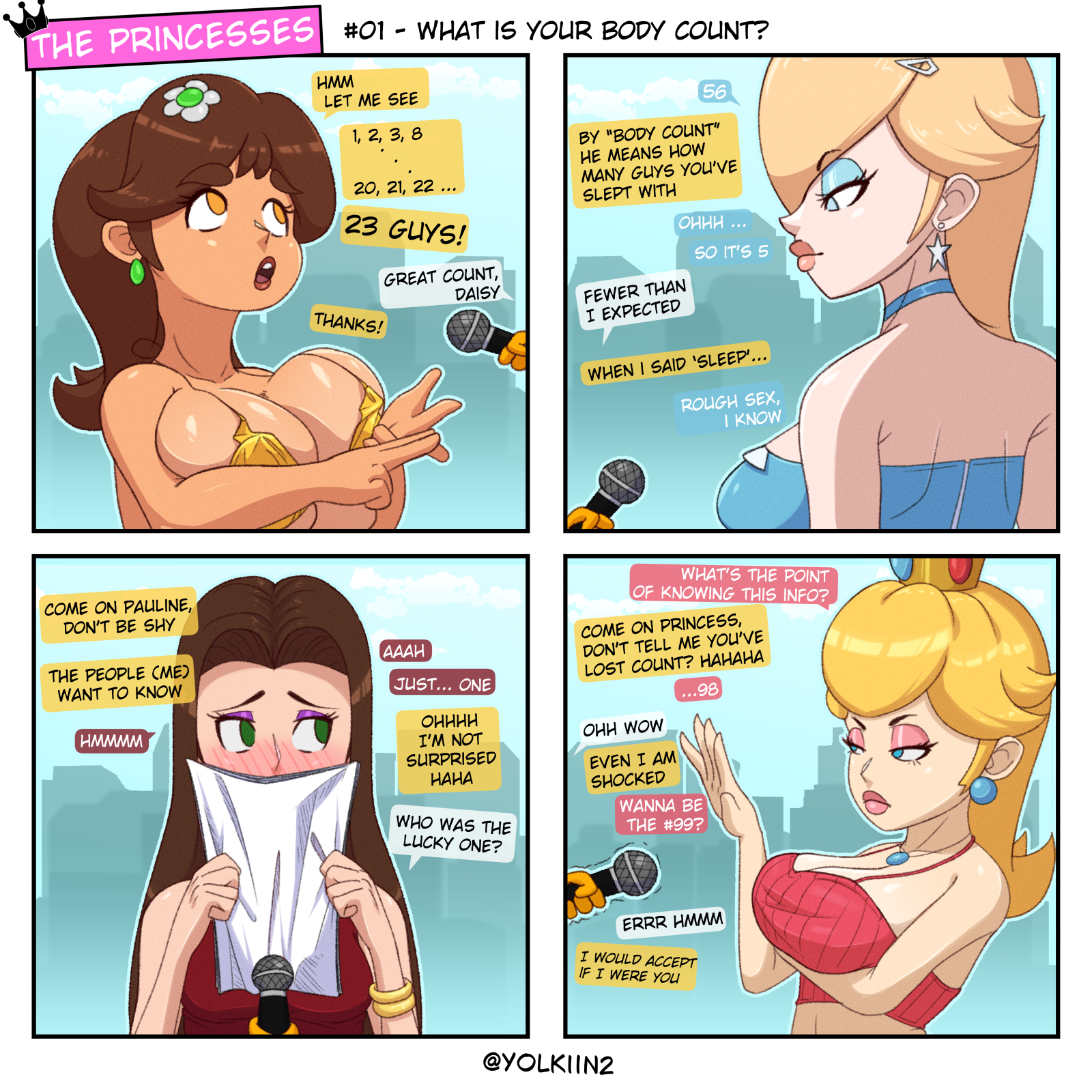 4girls, alternate breast size, arm under breasts, artist name, bare shoulders, bikini, bikini top only, blonde hair, blue choker, blue eyes, blue eyeshadow, blush, body count, bracelet, breasts, brown eyes, brown hair, choker, cleavage, collarbone, comparing, covering own mouth, crown, earrings, embarrassed, english language, english text, eyeshadow, female, flower, flower earrings, gem, green eyes, hair ornament, half-closed eyes, holding paper, interview, jewelry, large breasts, lips, lipstick, long hair, looking at another, looking up, makeup, mario (series), microphone, mini crown, multiple girls, necklace, nose blush, open mouth, outdoors, paper, pauline, pauline (mario), pearl earrings, pink lips, princess daisy, princess peach, princess rosalina, purple eyeshadow, red dress, red lips, rosalina, shirt, shy, shy female, shy smile, sleeveless, speech bubble, star earrings, super mario bros., swimsuit, talking, tan, tanned, text, top heavy, top heavy breasts, topwear, white border, yellow bra, yellow eyes, yellow topwear, yolkiin