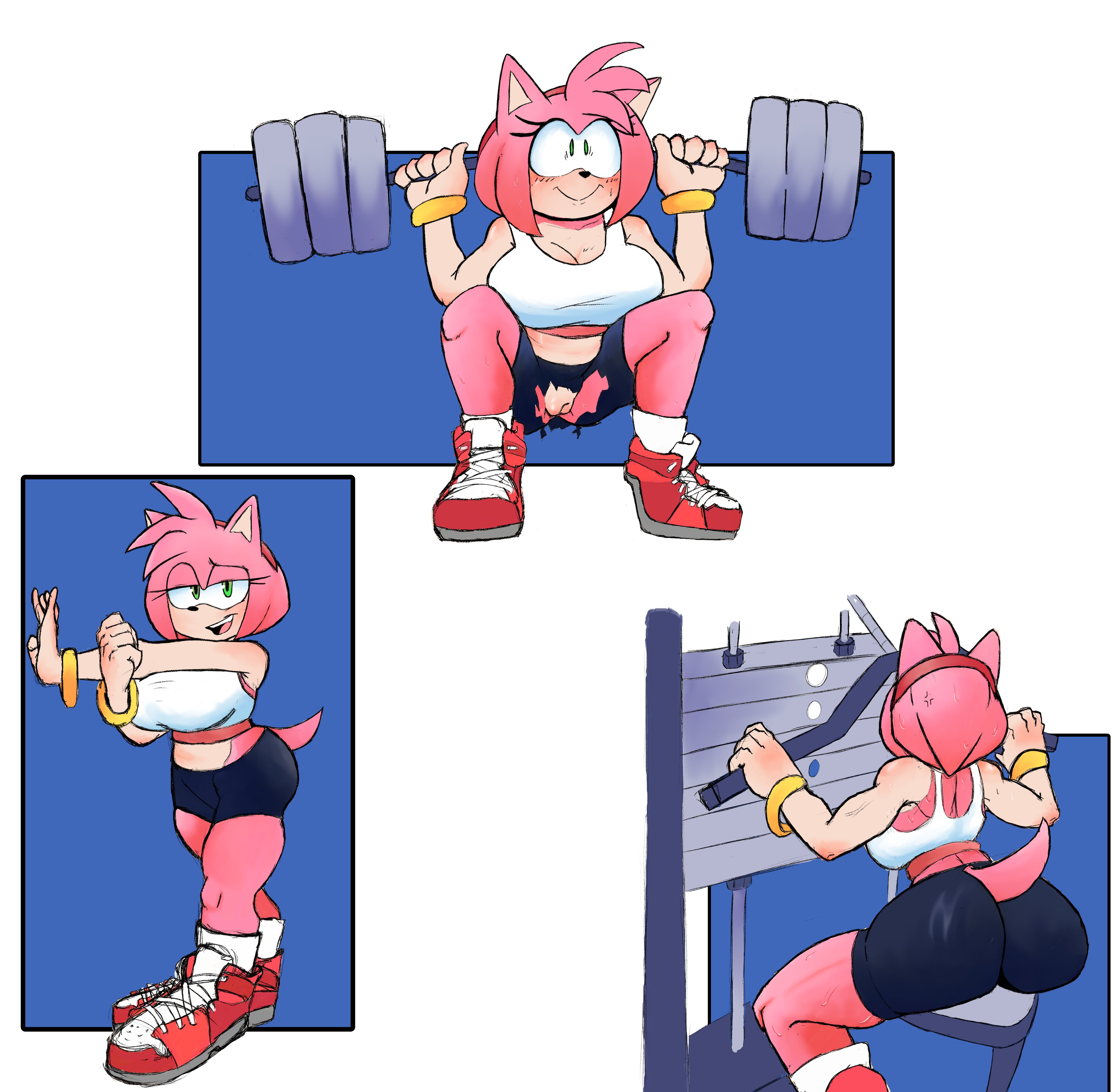 amy rose, embarrassed expression, going commando, noinx at nite (artist), pussy, pussy peek, ripped clothing, ripped shorts, sega, sonic (series), sonic the hedgehog (series), wardrobe malfunction, weightlifting, weights, working out