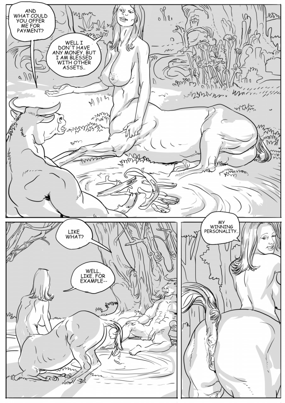 anus black_and_white bovine breasts campfire centaur comic english_text equine equine_taur female forest furronika male mammal minotaur monochrome nipples nude penis pussy speech_bubble taur text tree