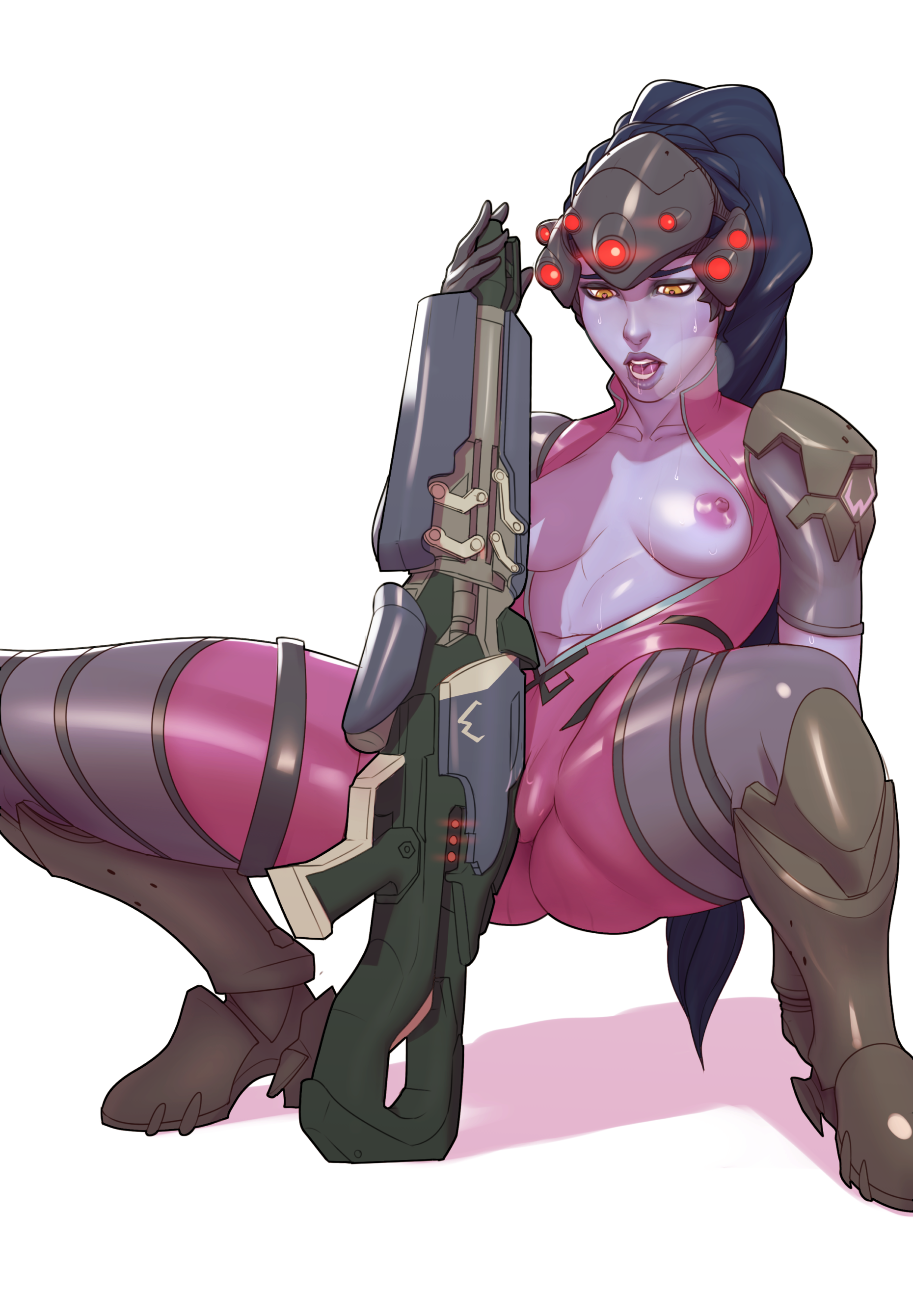 1girls, 2d, areola, ass, blizzard entertainment, blue hair, blue skin, bodysuit, boots, breasts, erect nipples, fat mons, female, female only, gold eyes, gun, headgear, john doe, lips, masturbation, medium breasts, nipples, open mouth, overwatch, overwatch 2, partially visible vulva, perky breasts, ponytail, pussy, rifle, saliva, saliva drip, solo, squatting, thick thighs, tied hair, unconvincing armor, weapon, widowmaker, yellow eyes