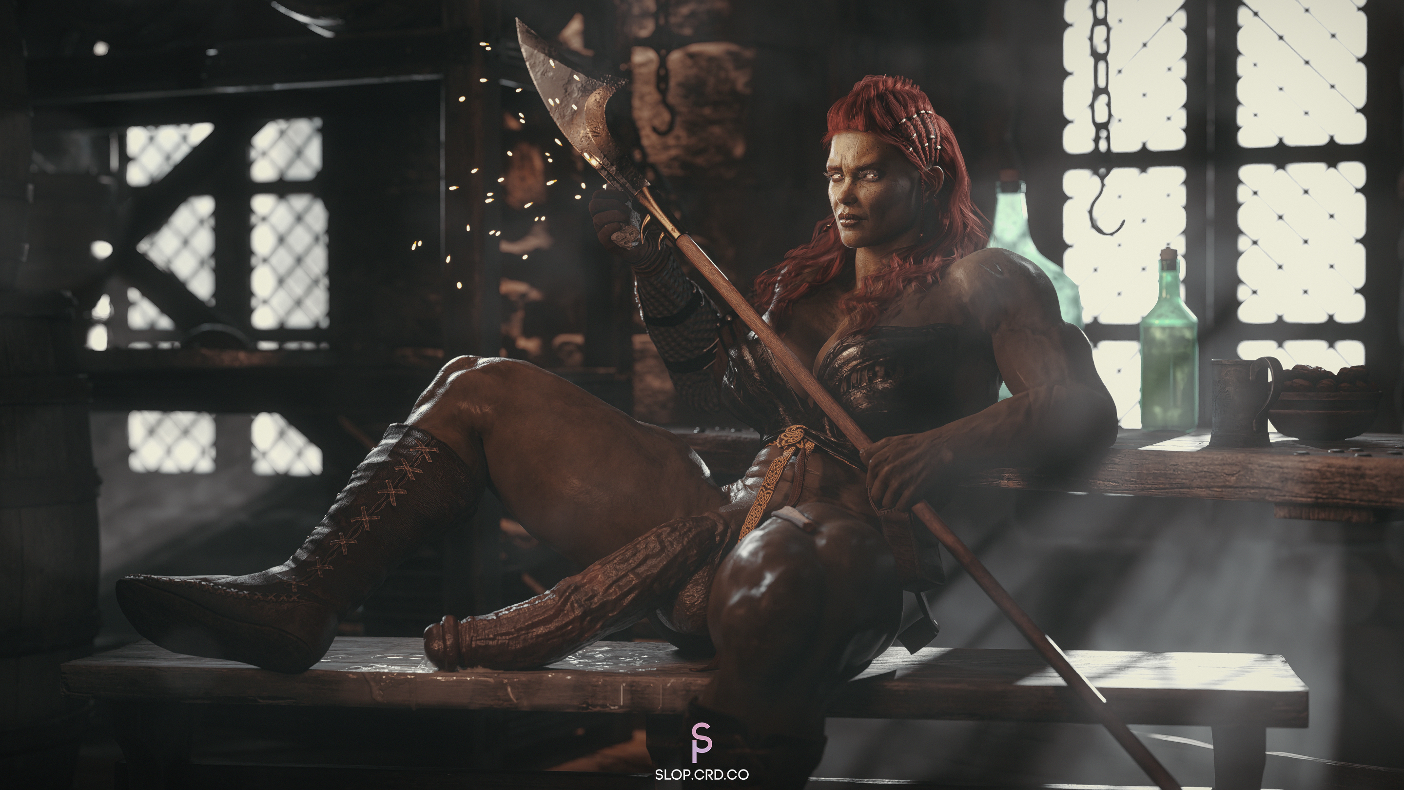 1futa, 3d, abs, axe, balls, big balls, big breasts, boots, breasts, casual nudity, cleavage, cum, cum drip, detailed background, fantasy, futa only, futanari, green skin, huge cock, indoors, muscular, muscular futa, orc, orc futa, partially clothed, penis, penis out, precum, precum drip, red hair, slop art, solo, solo futa, veiny penis, weapon, window