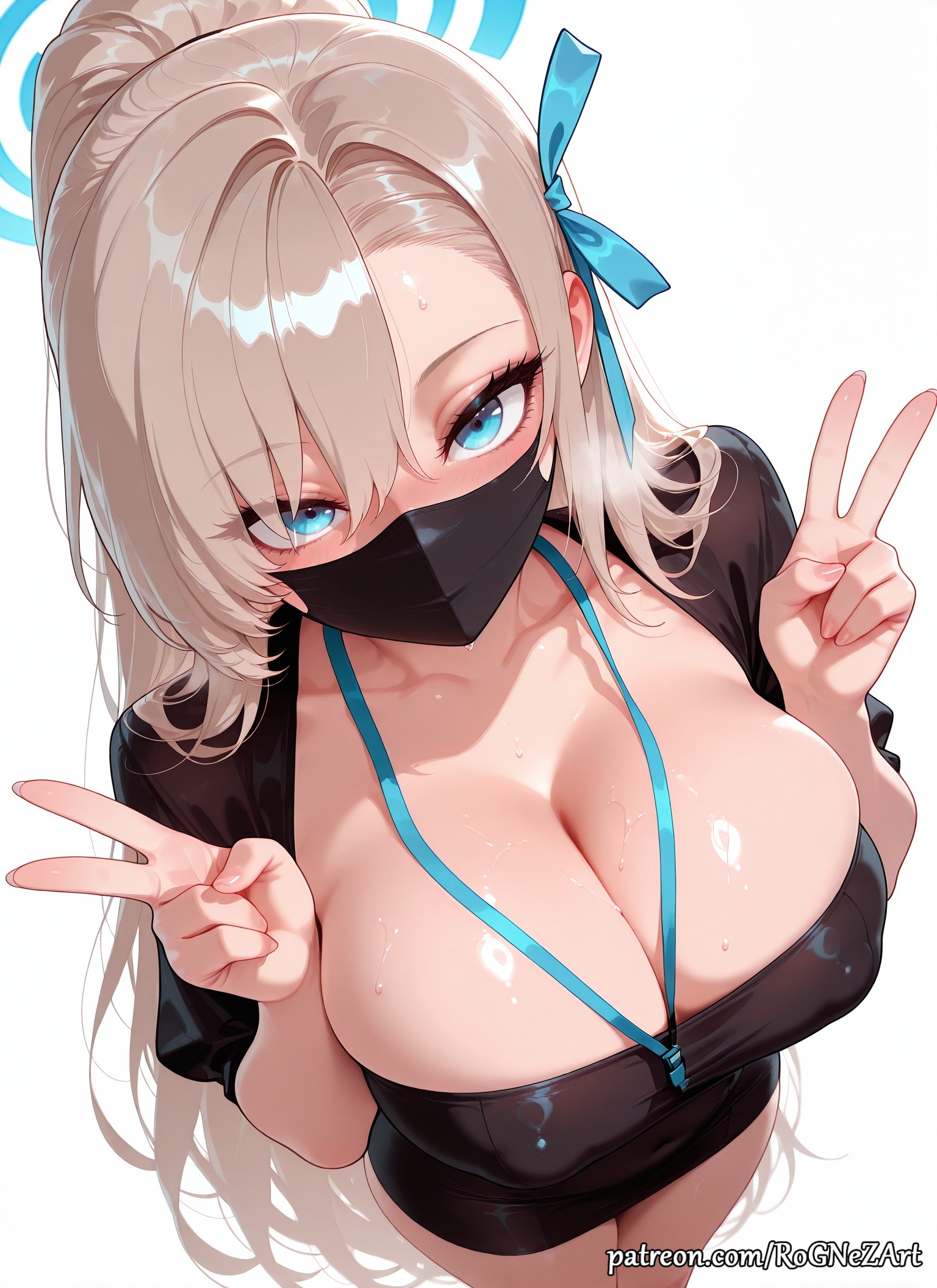2025, ai generated, alternate costume, anime, asuna (blue archive), bangs, black dress, blue archive, blue eyes, blue ribbon, blush, breasts, cleavage, collarbone, covered nipples, crossover, double v, dress, eye contact, female, female focus, female only, flushed, hair over one eye, hair ribbon, halo, highres, huge breasts, large breasts, light brown hair, long hair, looking at viewer, mask, mouth mask, nsfw, patreon, ponytail, ribbon, rognezart, shirt, simple background, solo, sweat, sweaty, v, very long hair, white background